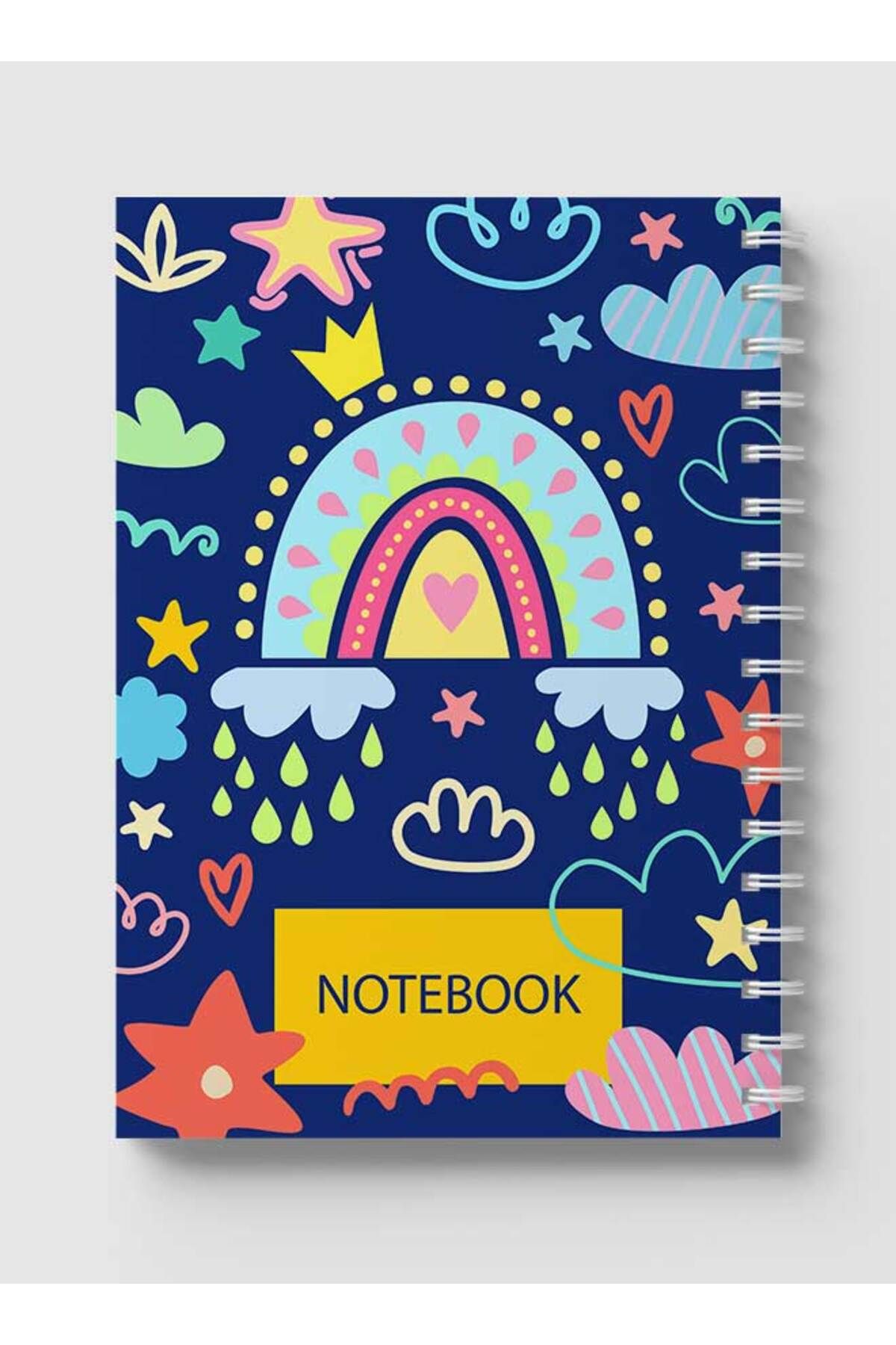 LOWHA-Spiral Notebook with Front and Back Hard Covers Featuring Boho Clouds Rain & Rainbow Design 5