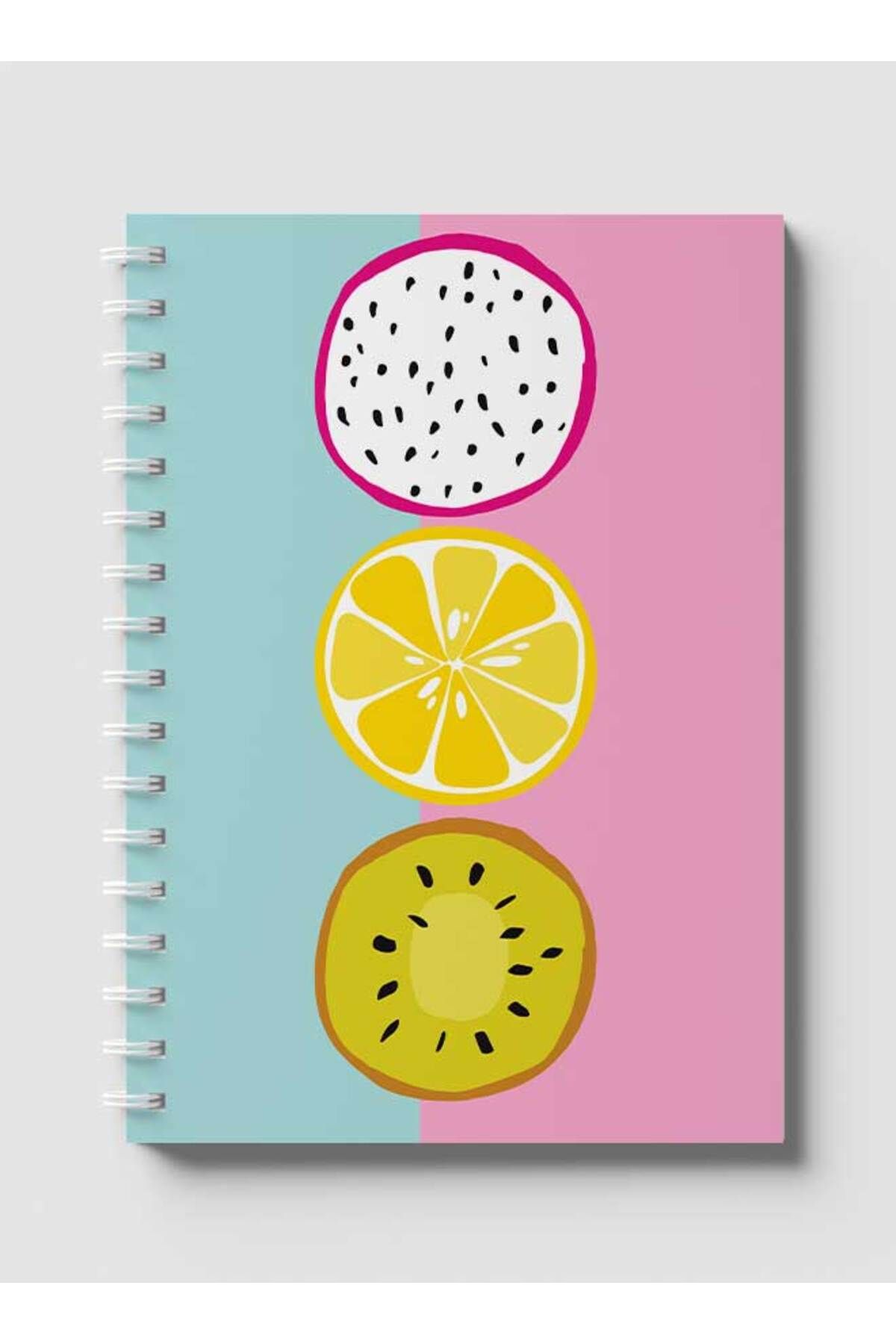 LOWHA-Spiral Notebook with Front and Back Hard Covers Featuring Dragon Fruit Lemon Kiwi Slice Design 1