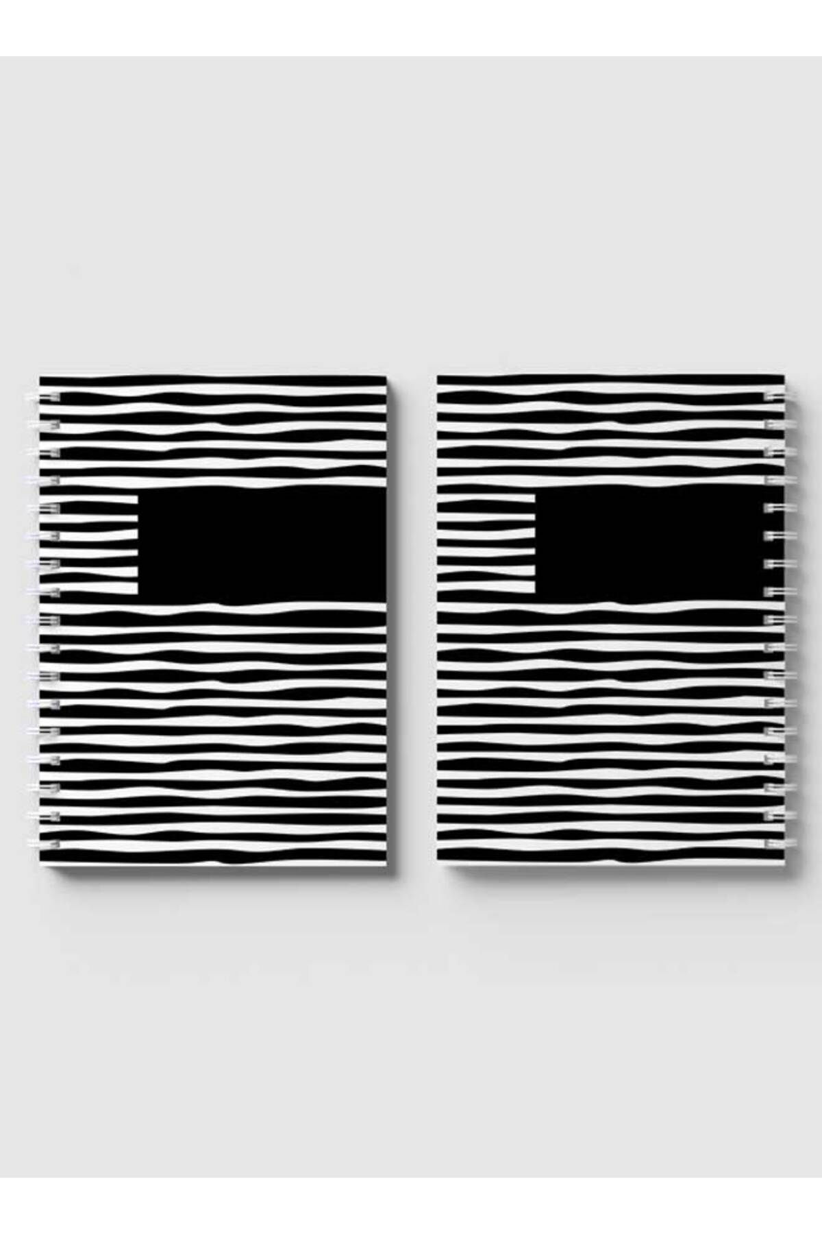 LOWHA-Spiral Notebook with Front and Back Hard Covers Featuring Flat Black & White Lines Design 4