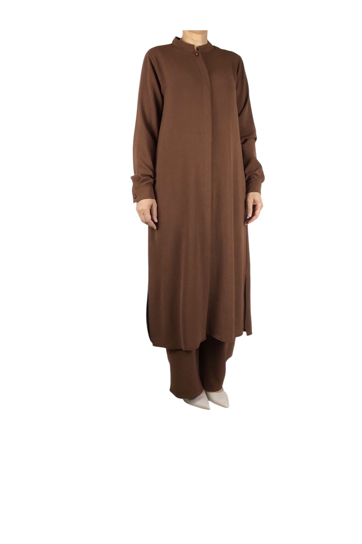 ECE GİYİM-Women's Judge Collar Tunic with Hidden Buttons on the Front and Hidden Pockets on the Sides with Pants with Elastic Waist 1