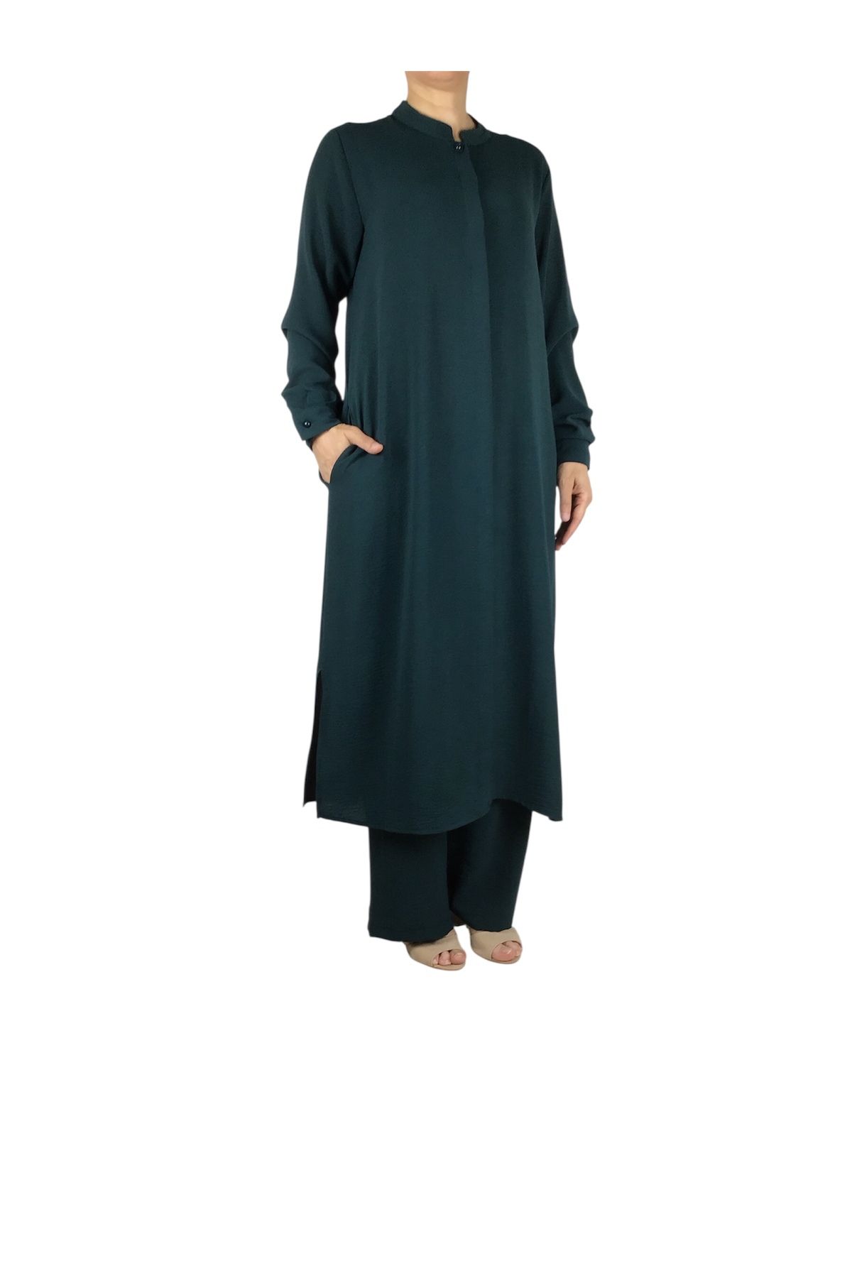 ECE GİYİM-Women's Judge Collar Tunic with Hidden Buttons on the Front and Hidden Pockets on the Sides with Pants with Elastic Waist 3