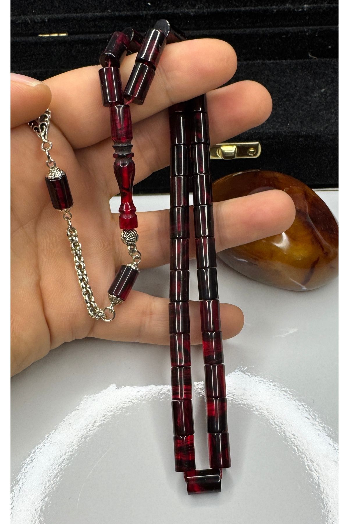 İskenderun Tesbihcilik-Red Black Moire Fire Amber Prayer Beads 2