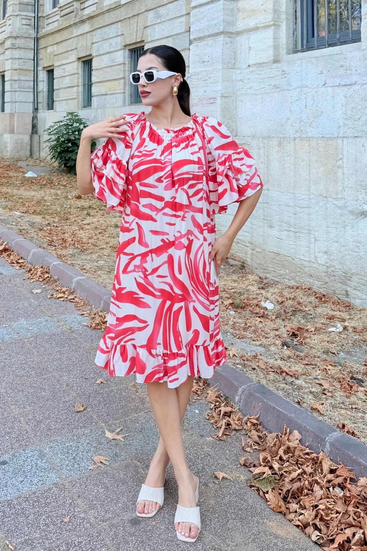 lodmela-Lapel Elastic Ruffle Detail Comfortable Form Viscose Dress 6024-Fuchsia 2