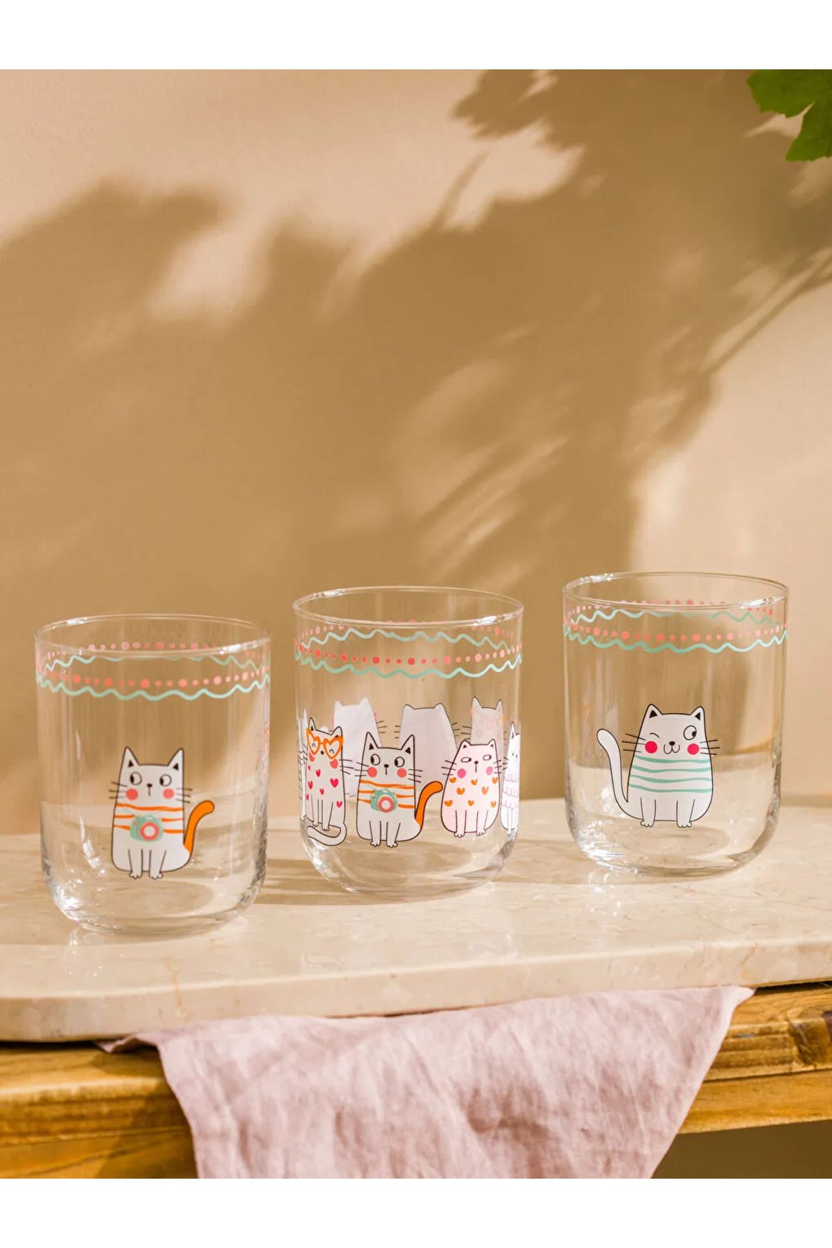 LC Waikiki-Lcw Home Mixed Cat Printed Glass Cup Set of 3 350 ml 2