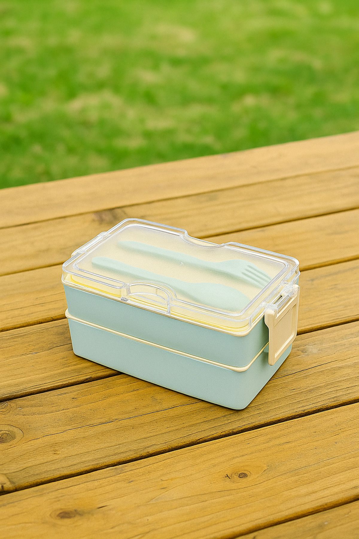 Bayev-Layers Green 2 Tier Storage Container with Fork and Spoon Lunch Box - Lunch Box with Nutrition Compartments 2