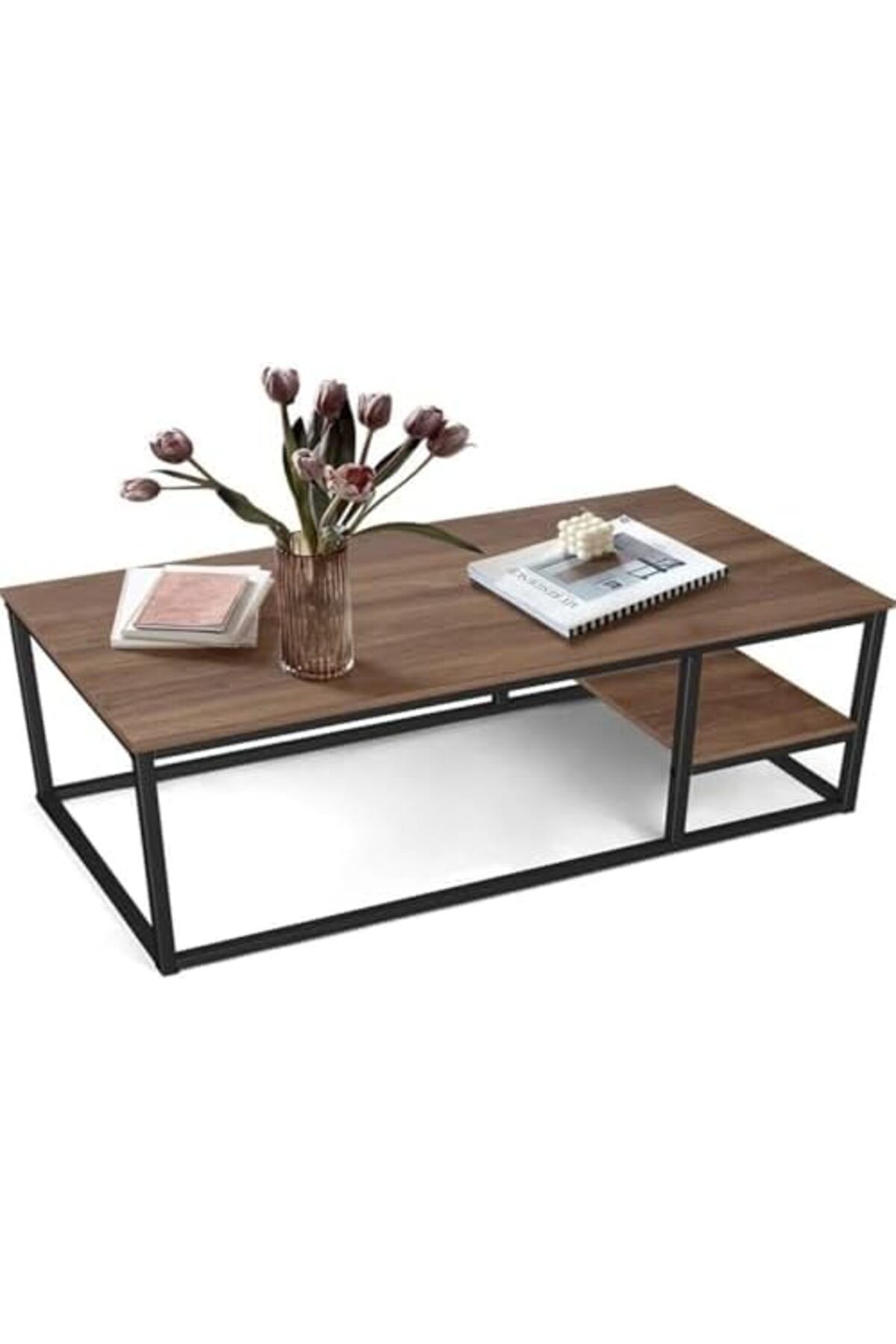 AGD-Wooden Rectangular Multifunction Coffee Table with Black Metal Frame and Bottom Shelf 8