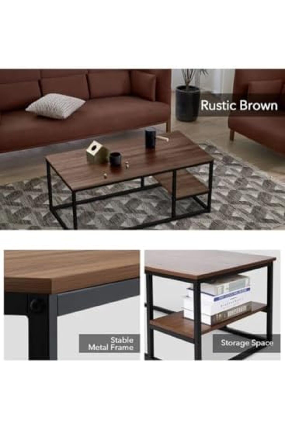 AGD-Wooden Rectangular Multifunction Coffee Table with Black Metal Frame and Bottom Shelf 3