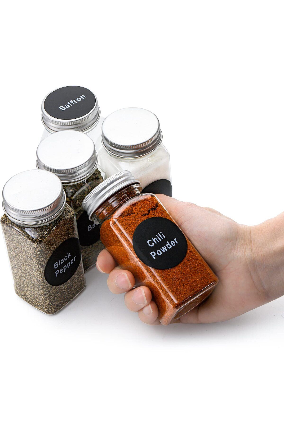 COOYA-24 Glass Spice Jars with Labels-Empty Square Spice Containers,Three Kinds of Lids & Airtight Metal 6