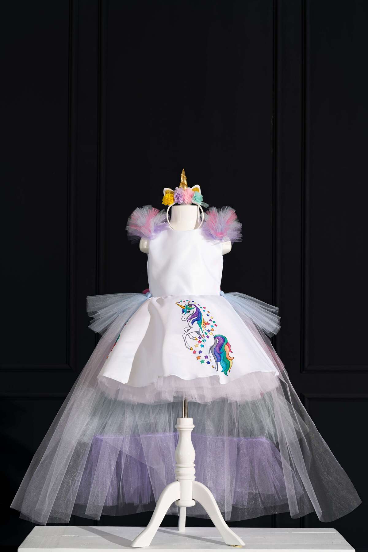 Girl Unicorn Skirt Printed White Birthday Dress & Party Costume Crown Gift!!!