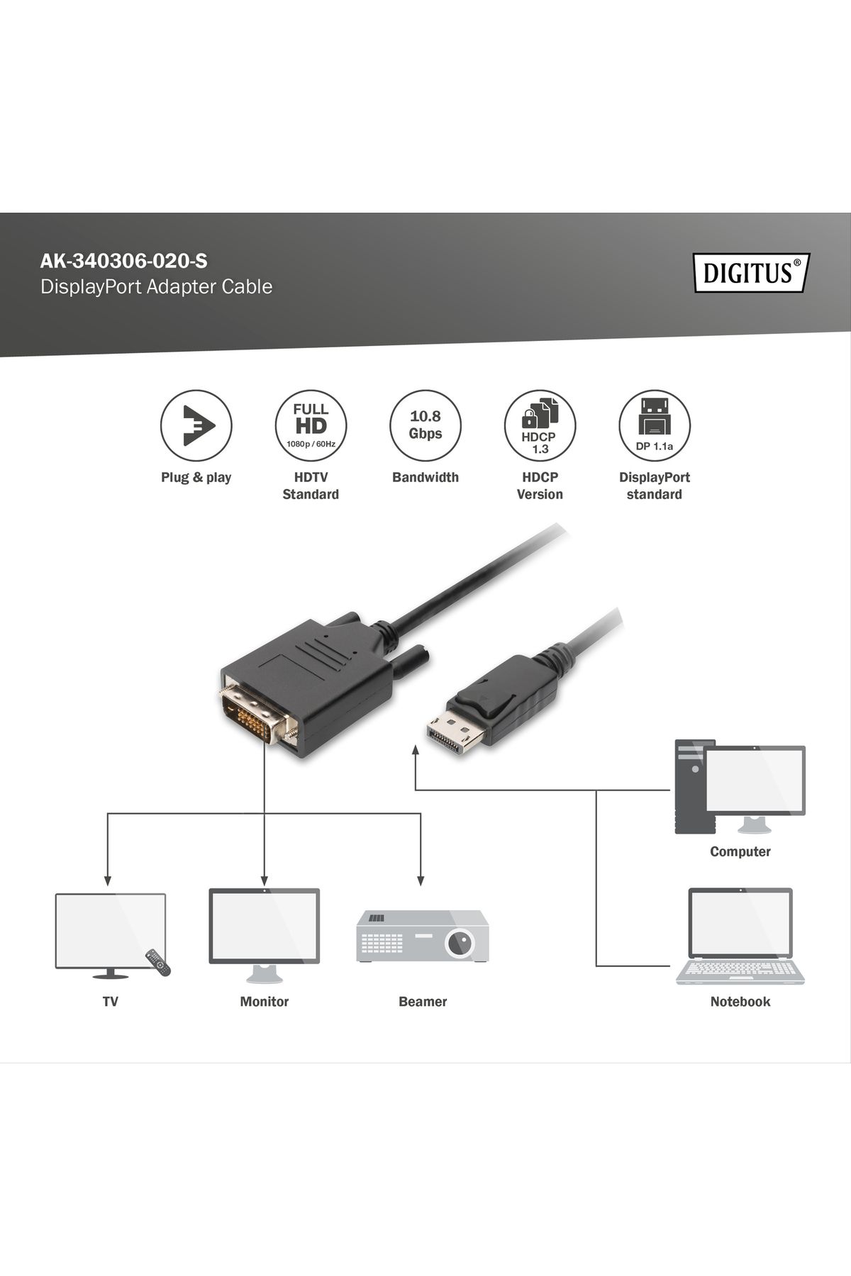 Digitus-Kabel adaptera DisplayPort | AK-340306-020-S 3