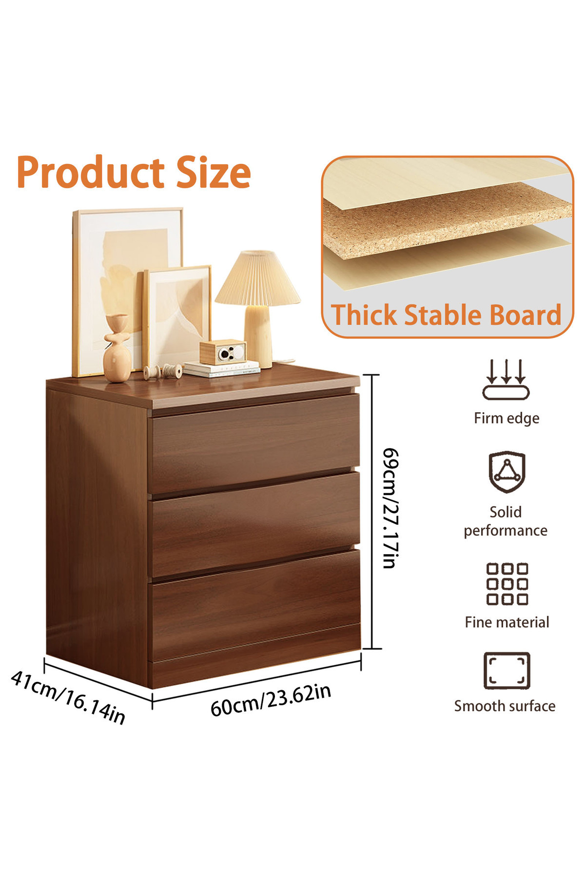 EqiEch-Modern 3-Layer Wooden Nightstand with Drawers and Finger-Pull Design (60x41x69 cm) 5