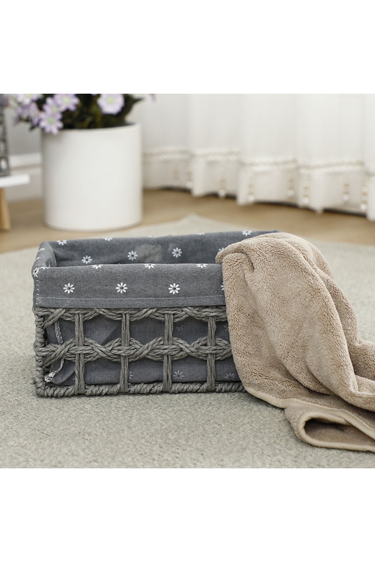Cozy Nest-مجموعة من 3 سلال تخزين منسوجة مستطيلة الشكل بإطار بلاستيكي وبطانة قماشية قابلة للإزالة 6