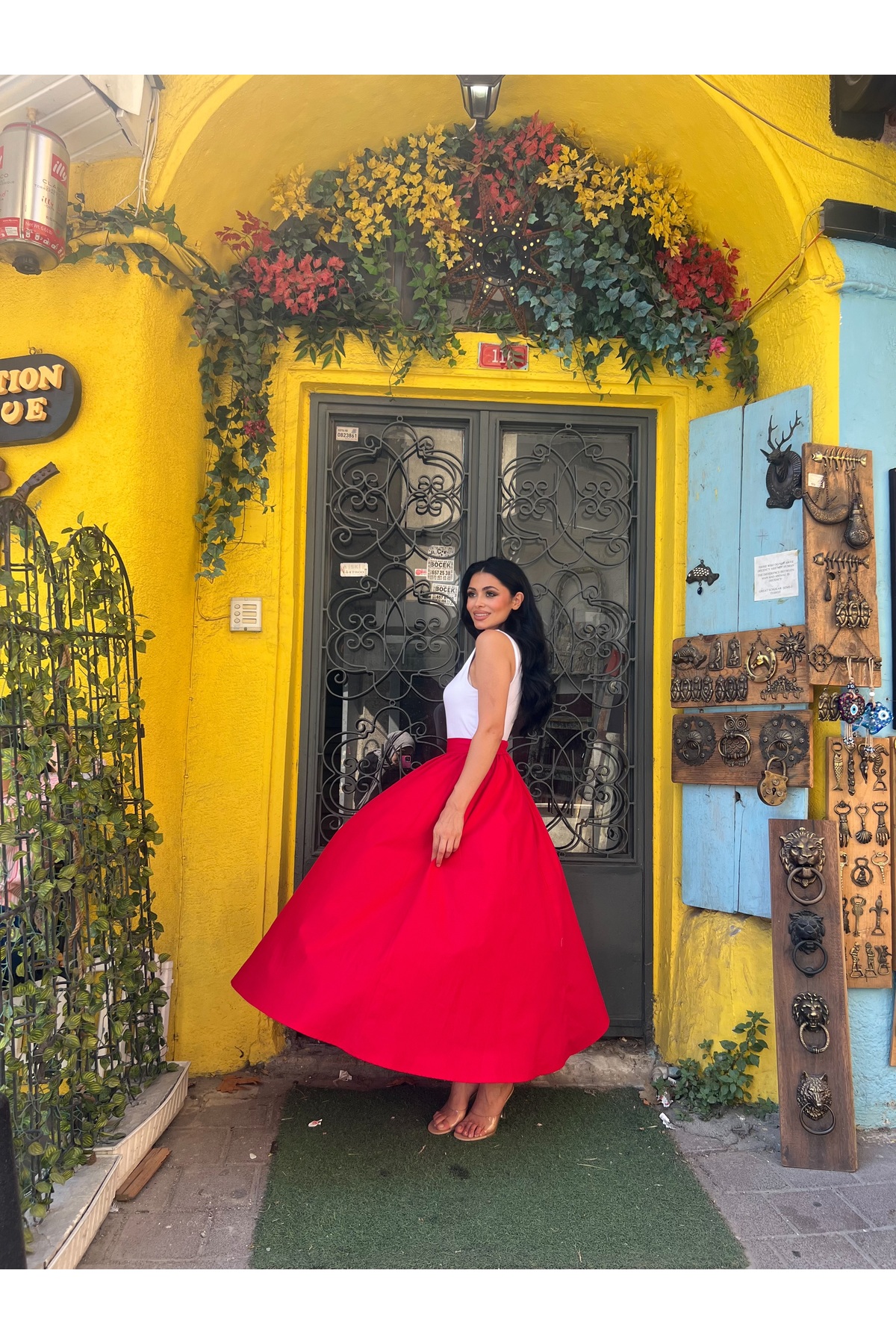 KÜÇÜĞÜM BUTİK  Kırmızı Kloş Poplin Etek - Görsel 5