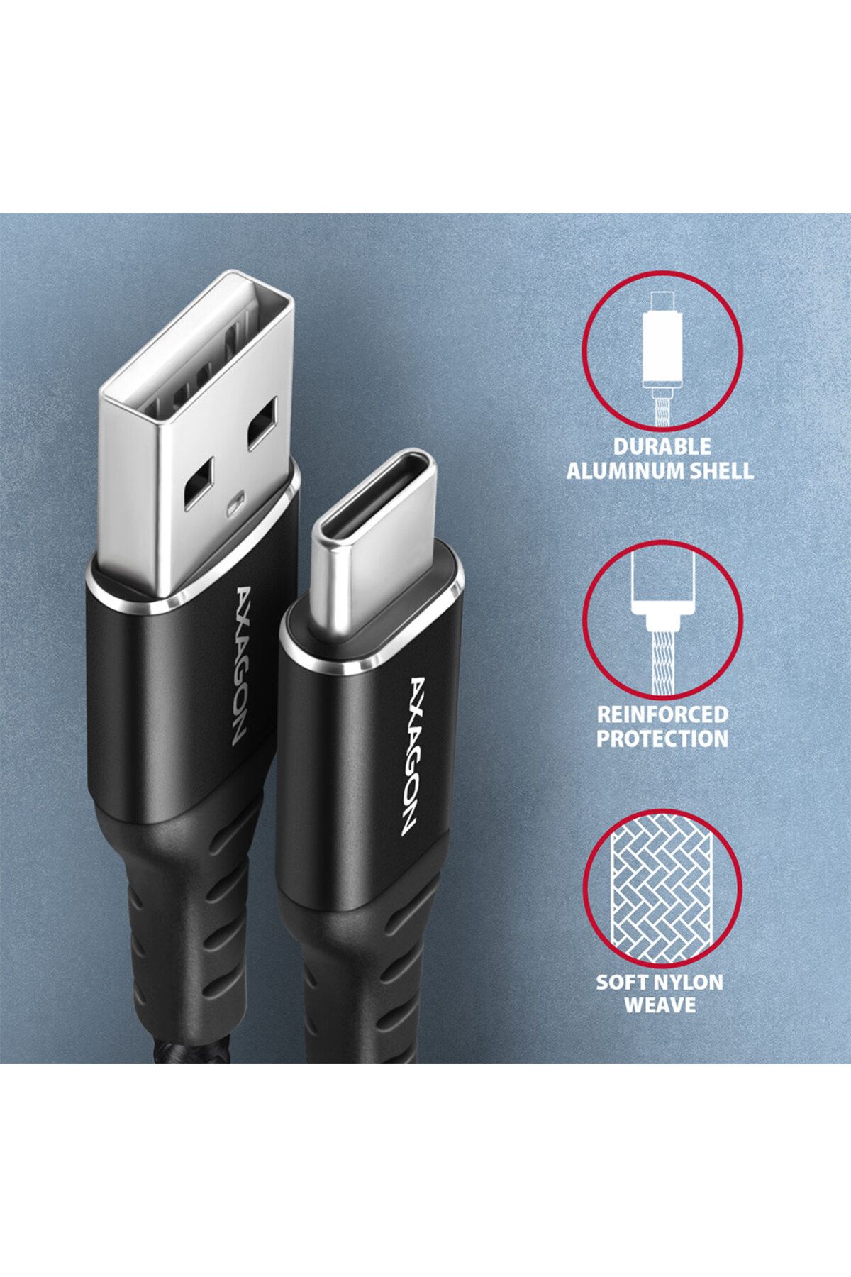 Axagon-Data and charging USB 2.0 cable, 1 m | BUCM-AM10AB | USB-C to USB-A 3