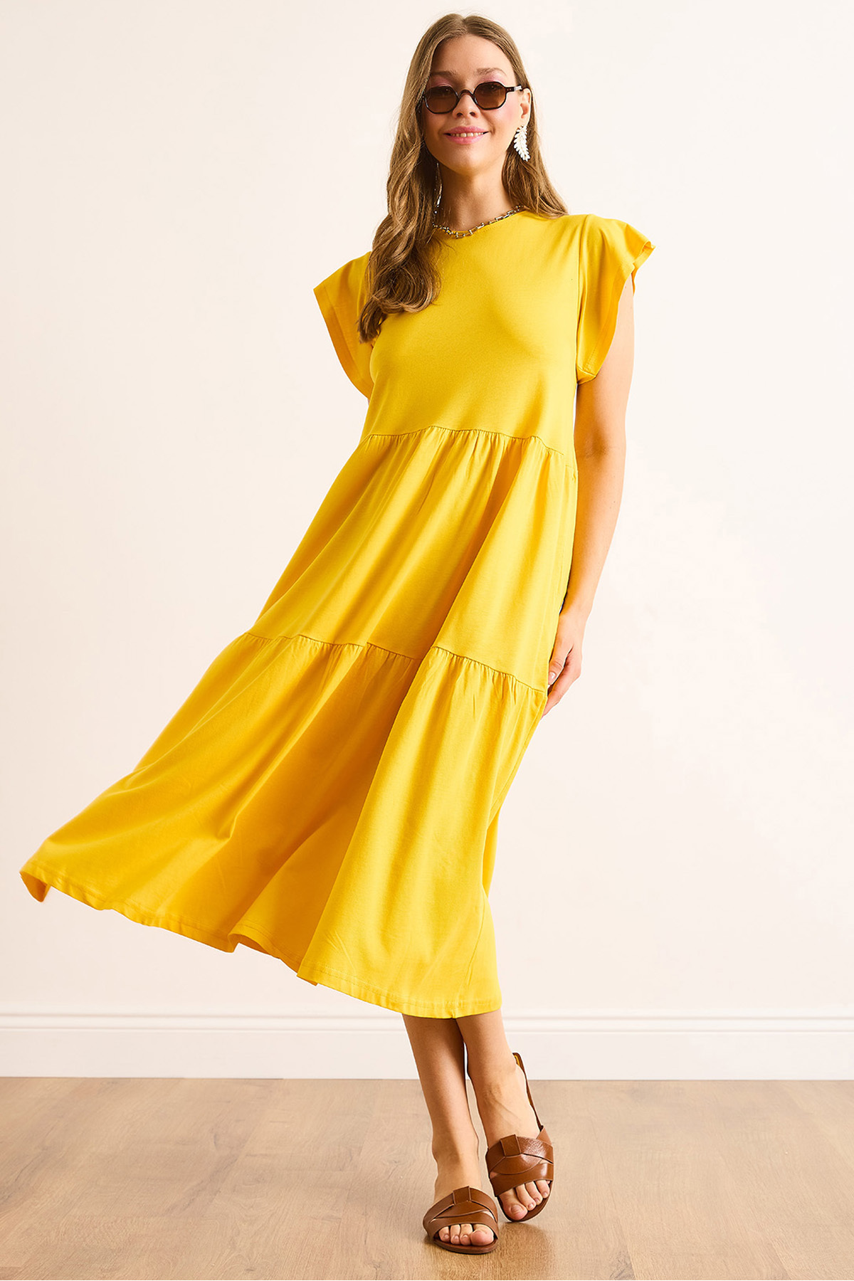Women's Mustard Sleeve Ruffled Piece Midi Cotton DRESSDRESS-19002445