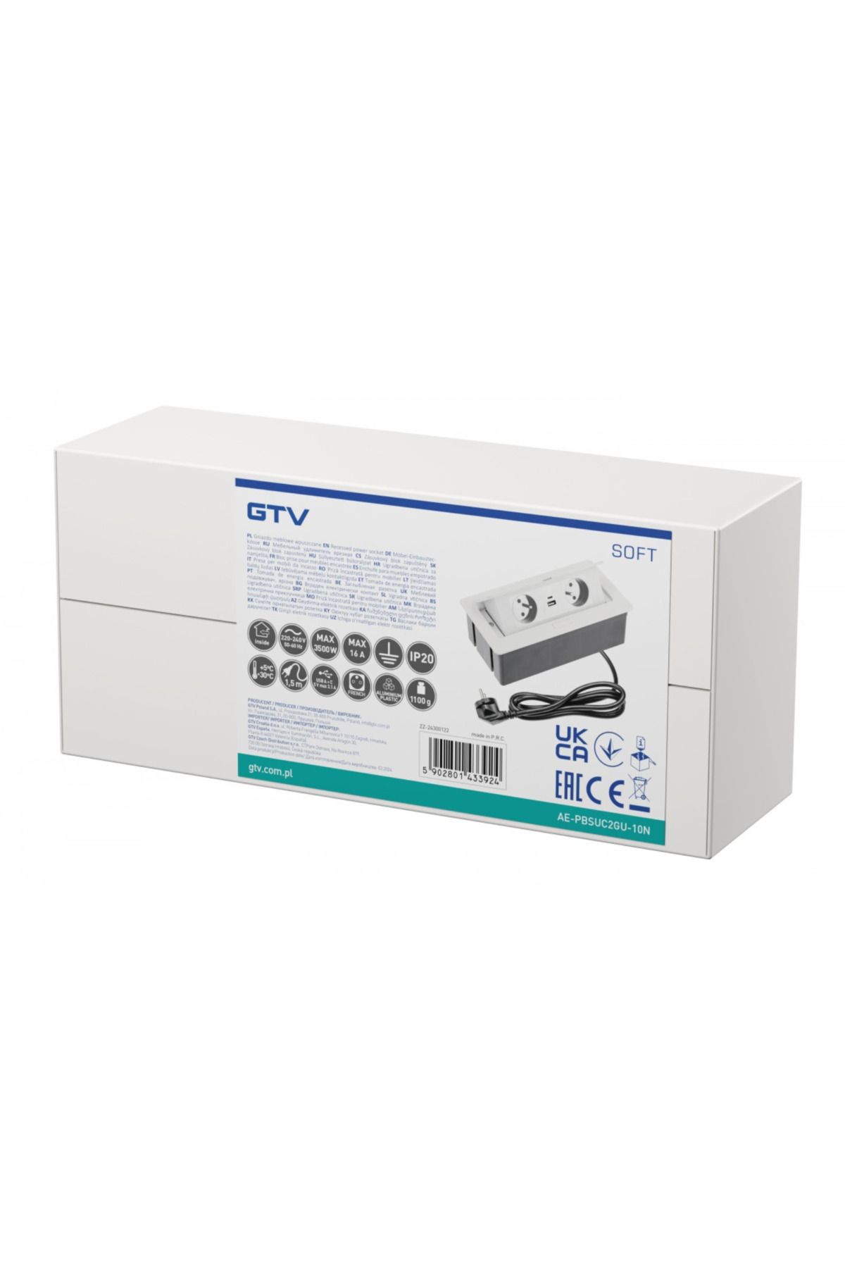 GTV-Soft Retractable Built-in Socket,GTV,2 Schuko, 1 USB-A, 1 USB-C,Cable Length 1.5m, 3600W, 20IP,White 3