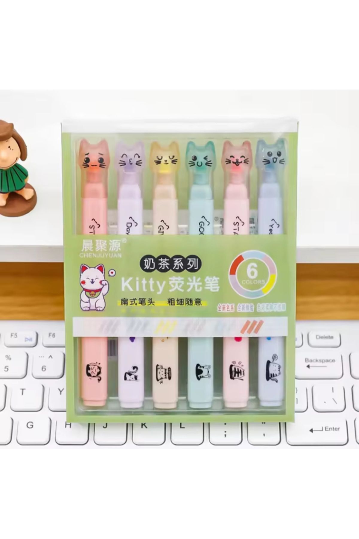 ATABY-6Pcs Ultra Soft Pastel Colors Highlighter with Cat and Paw 1