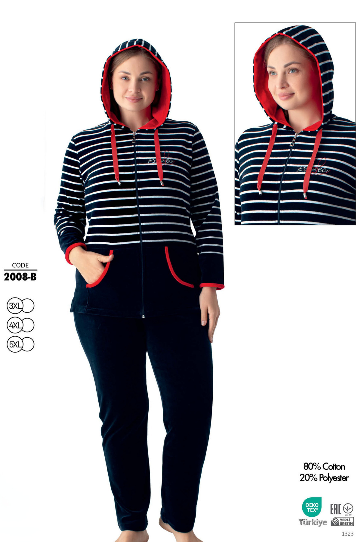 ROMEO LİFE Kadın Büyük Beden Çizgili Pamuklu Kapüşonlu Kadife Eşofman Takımı 2008-B