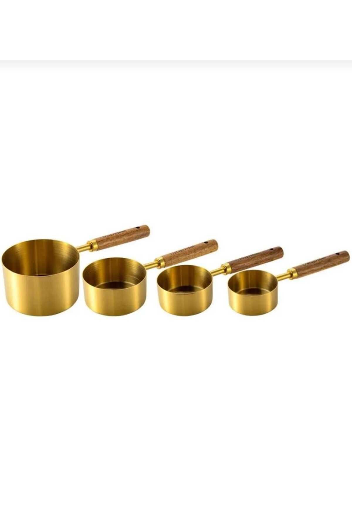 ALFAGİFT-Set of 4 Gold Measuring Cups – Wooden Handle – 60 Ml, 80 Ml, 125 Ml, 250 ml 2