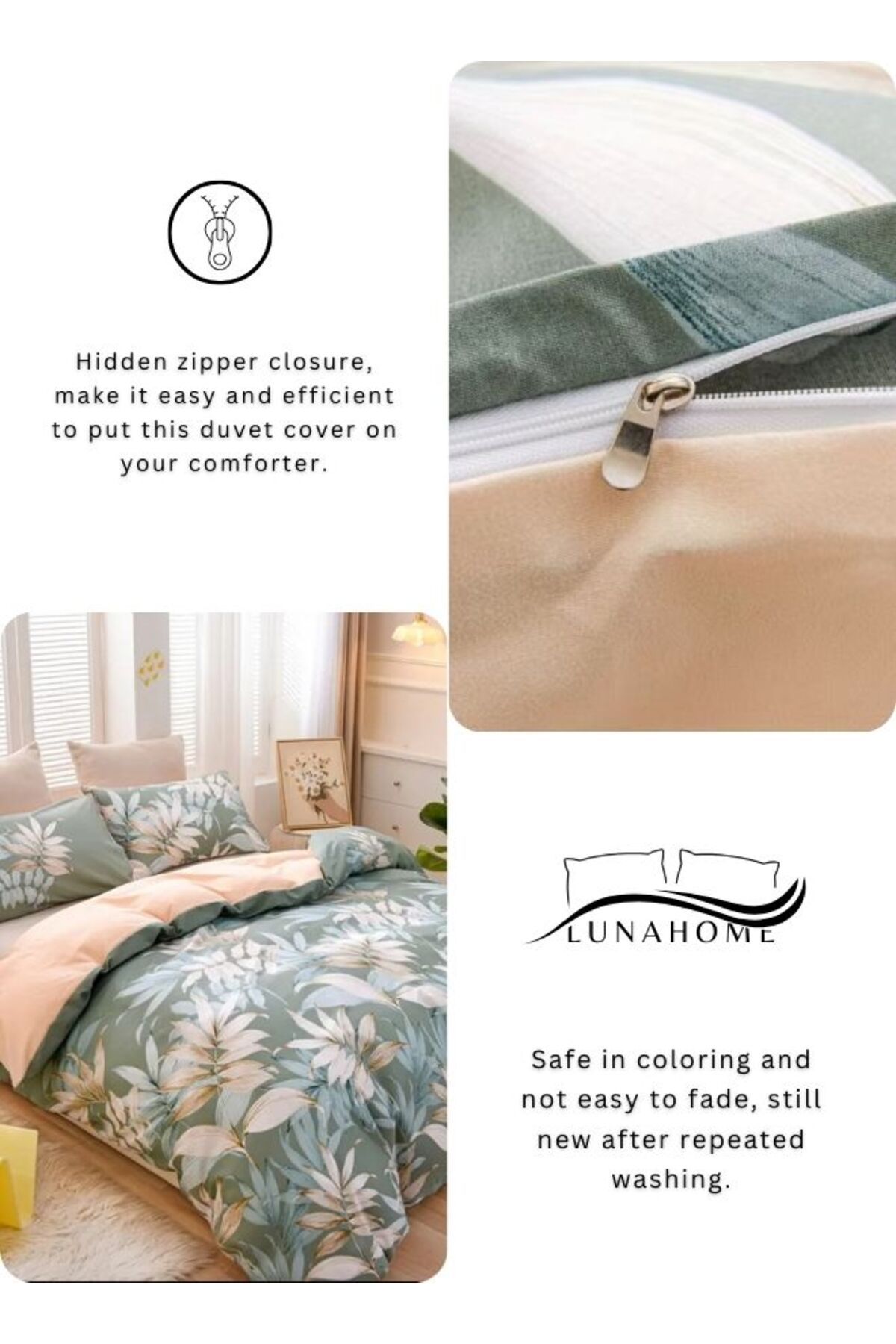 LUNA HOME-King size 6 piece bedding set with green leaf pattern, very soft quality 220x240cm. 7