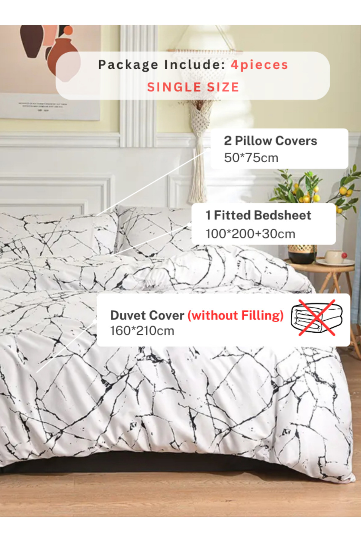 LUNA HOME-4 piece Single size bed linen set in Scandinavian style with marble pattern. 2