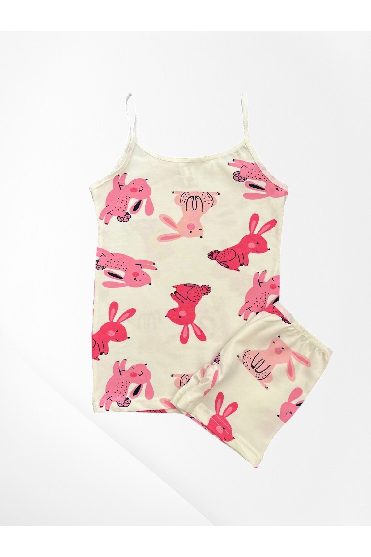 Genel Markalar Kız Çocuk %100 Pamuklu Kumaş Ekru Tavşan Desenli İnce Askılı Atlet Boxer Takımı fotoğrafı 2 (önizleme)
