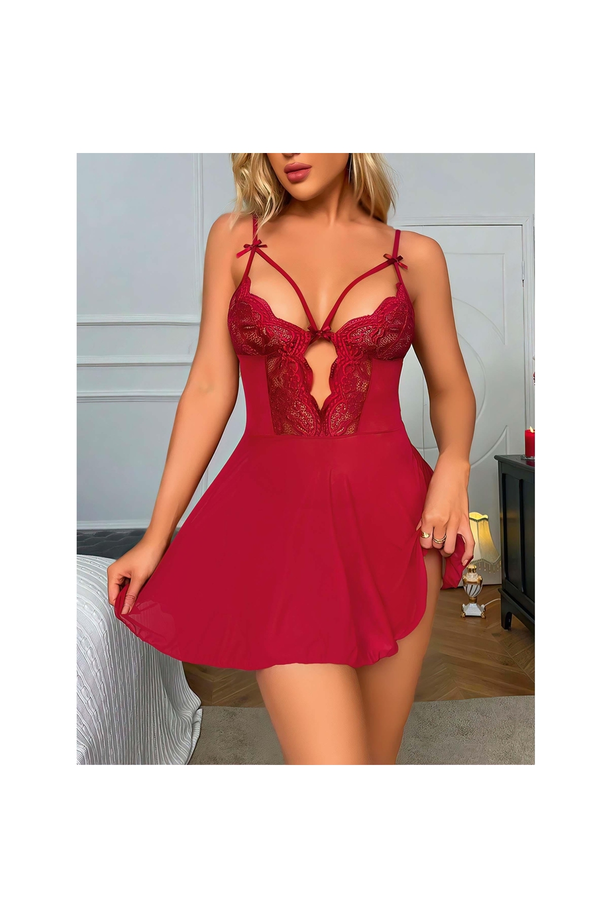 Narnuga Bordo Dantel İşlemeli Göğüs İp Detaylı Fantezi Tül Gecelik Takımı
