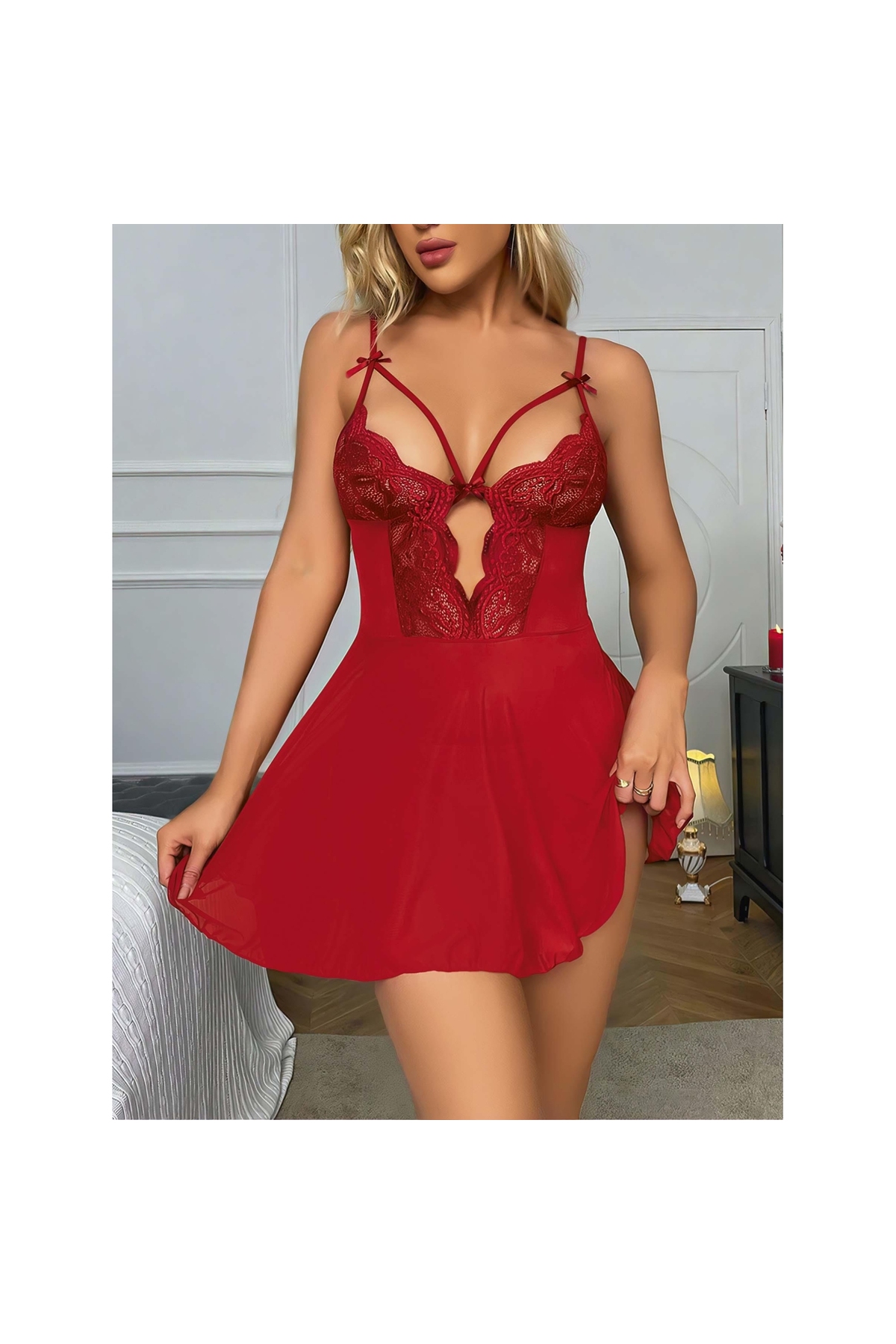 Narnuga Kırmızı Dantel İşlemeli Göğüs İp Detaylı Fantezi Tül Gecelik Takımı