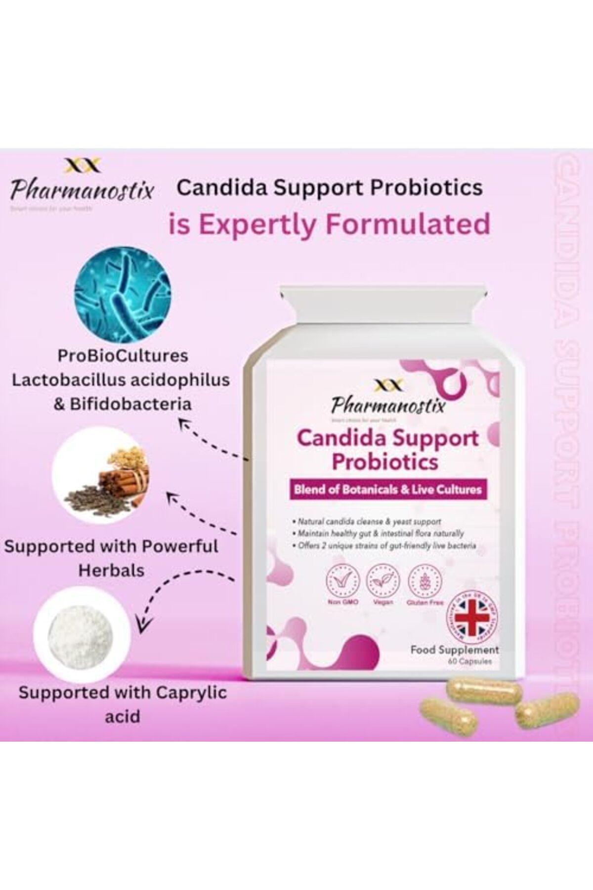 Pharmanostix-Candida Support Probiotics, 60 Capsules, Ultimate Extra Strength All-in-ONE Formulation, Boosts Immu 3