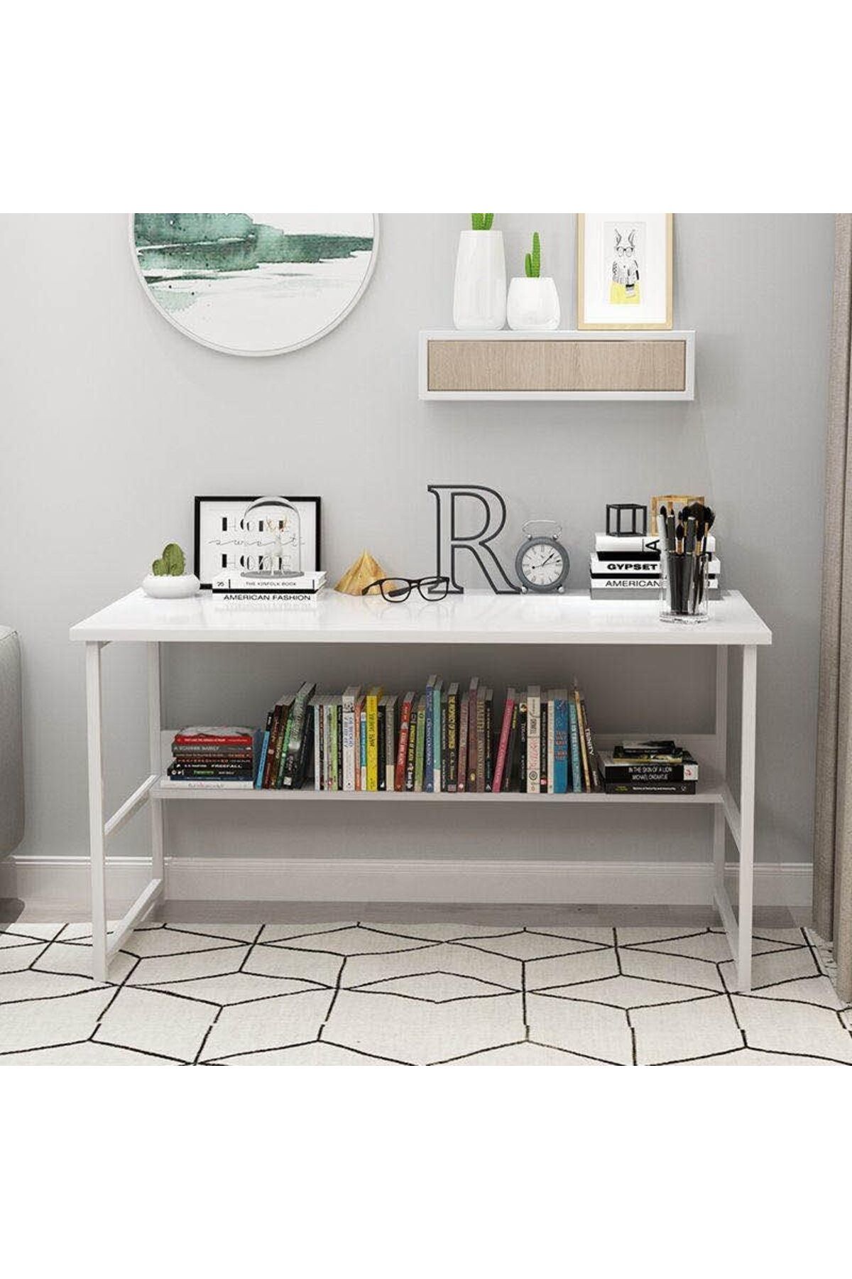 AGD-Modern Computer Desk with Bookshelf by AGD, White, 120×55×73 cm 5