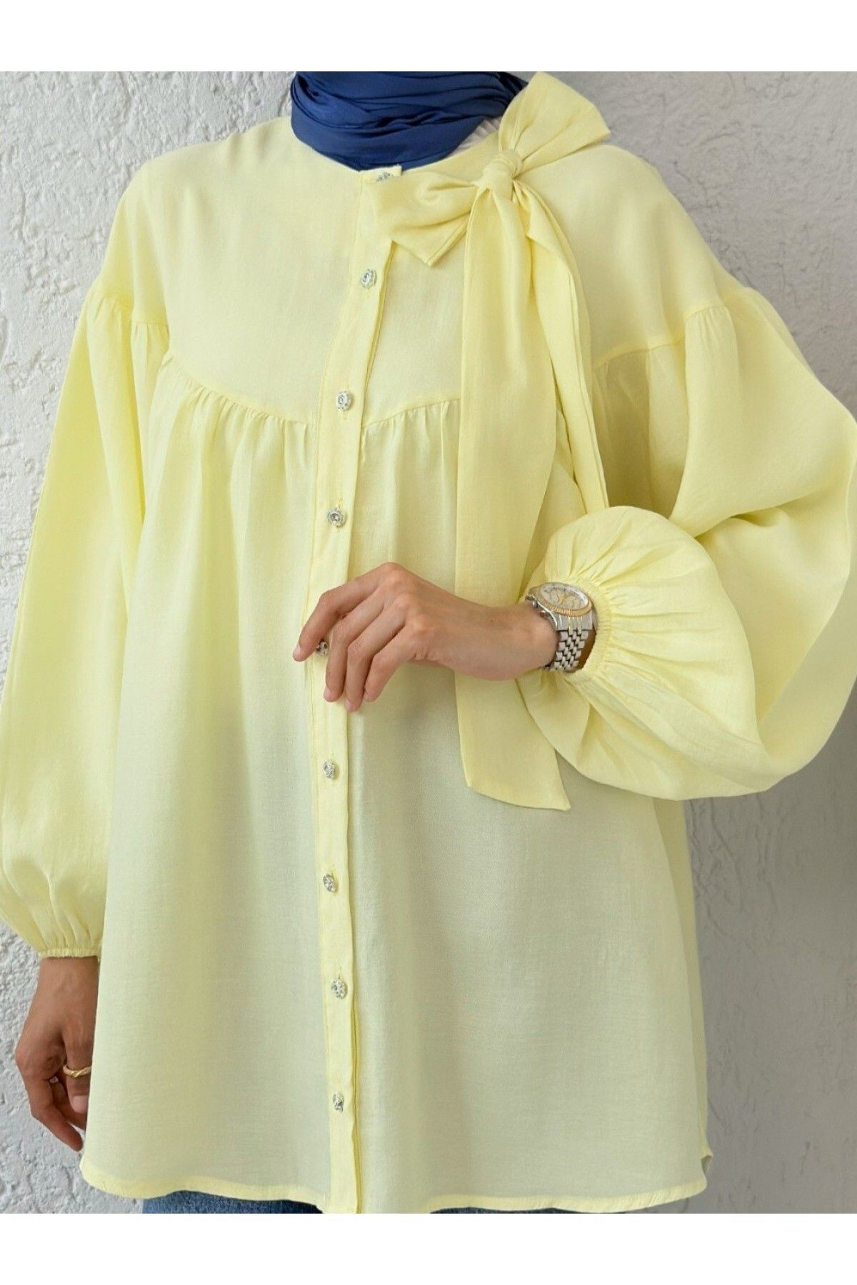 Modamorfo-Buttoned Linen Tunic with Bow Detail at the Collar and Elastic Sleeves - Light Yellow 3