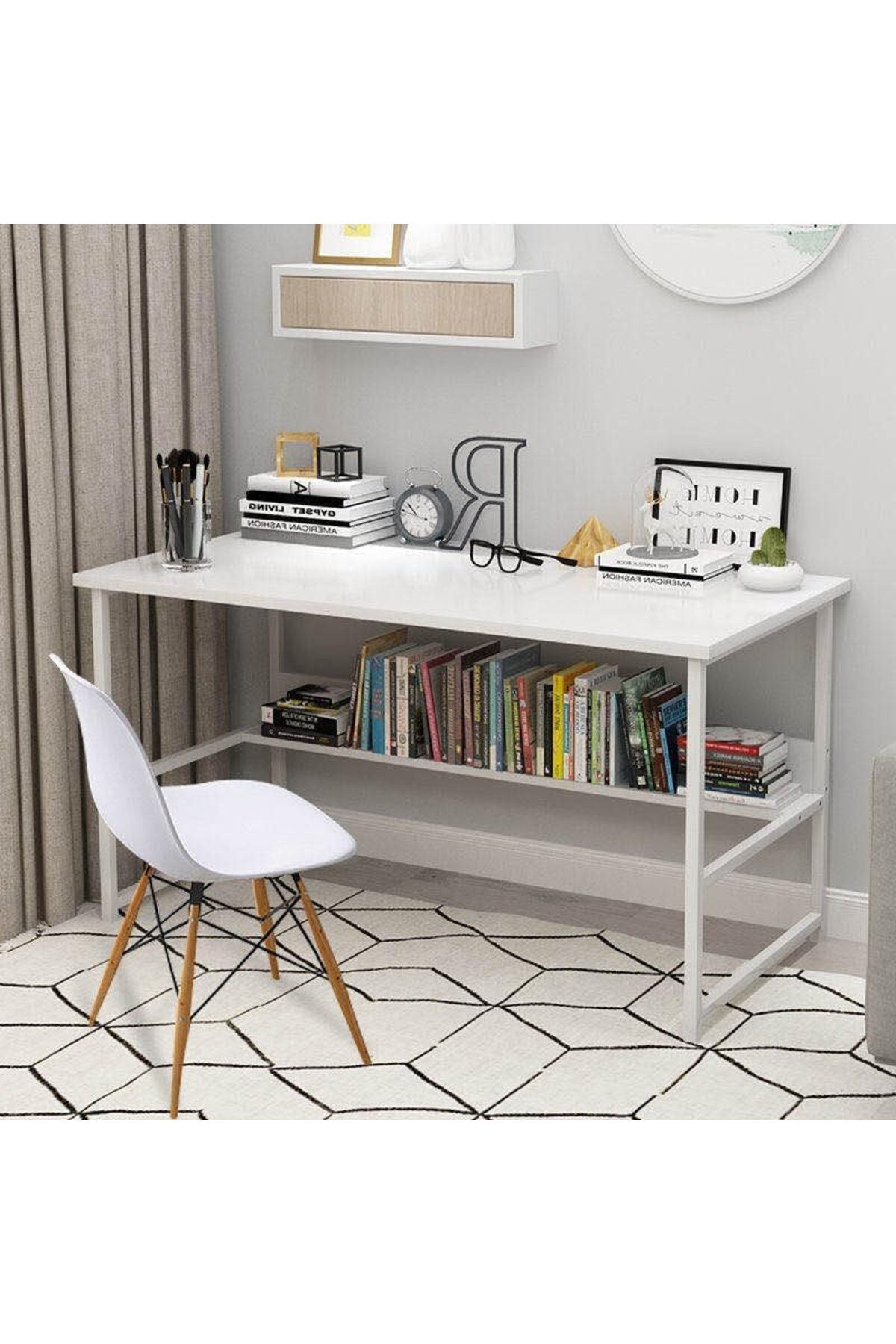 AGD-Modern Computer Desk with Bookshelf by AGD, White, 120×55×73 cm 3