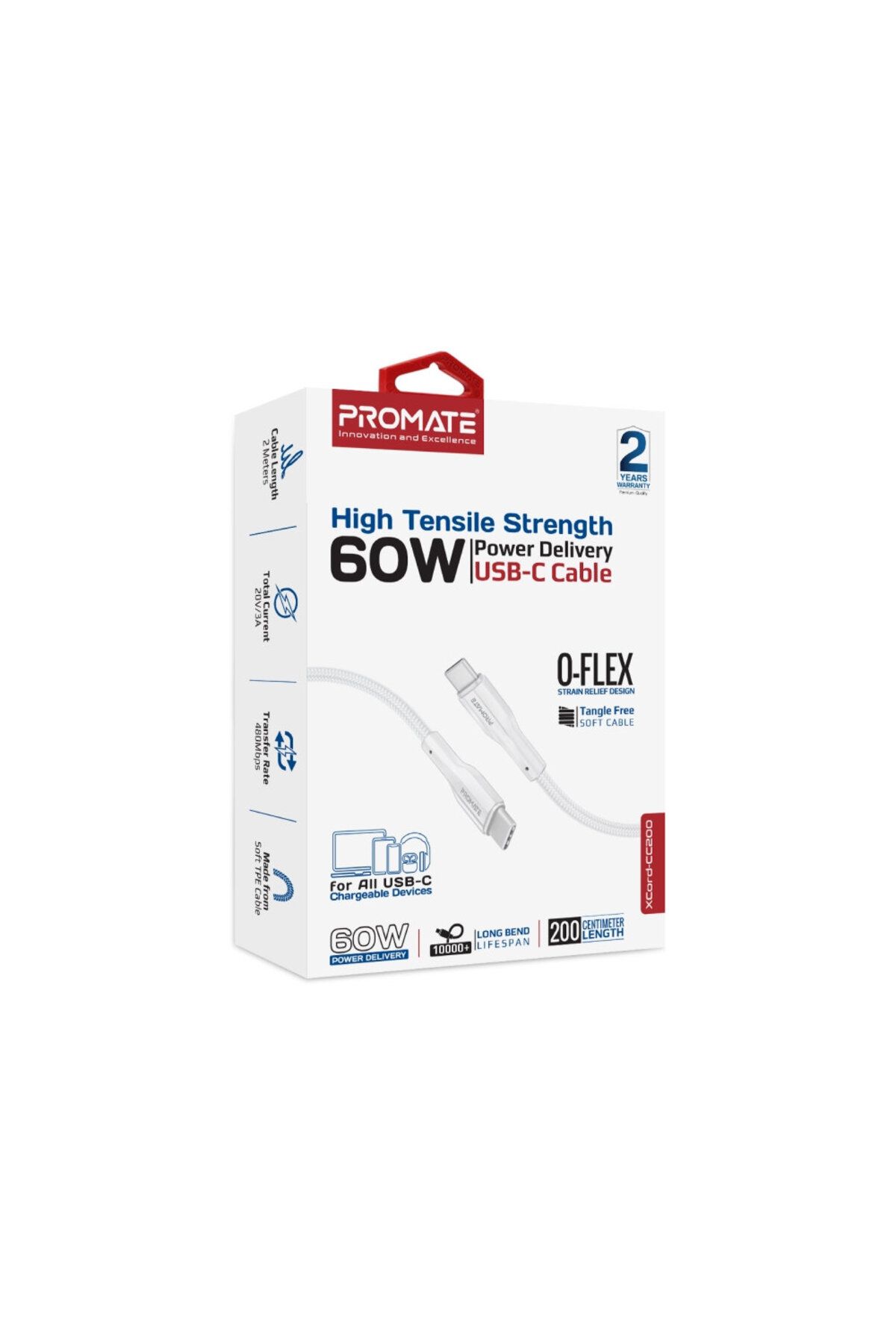 Promate-USB-C™ to USB-C™ Cable, 60W Fast Power Delivery with 480Mbps Data Sync 3