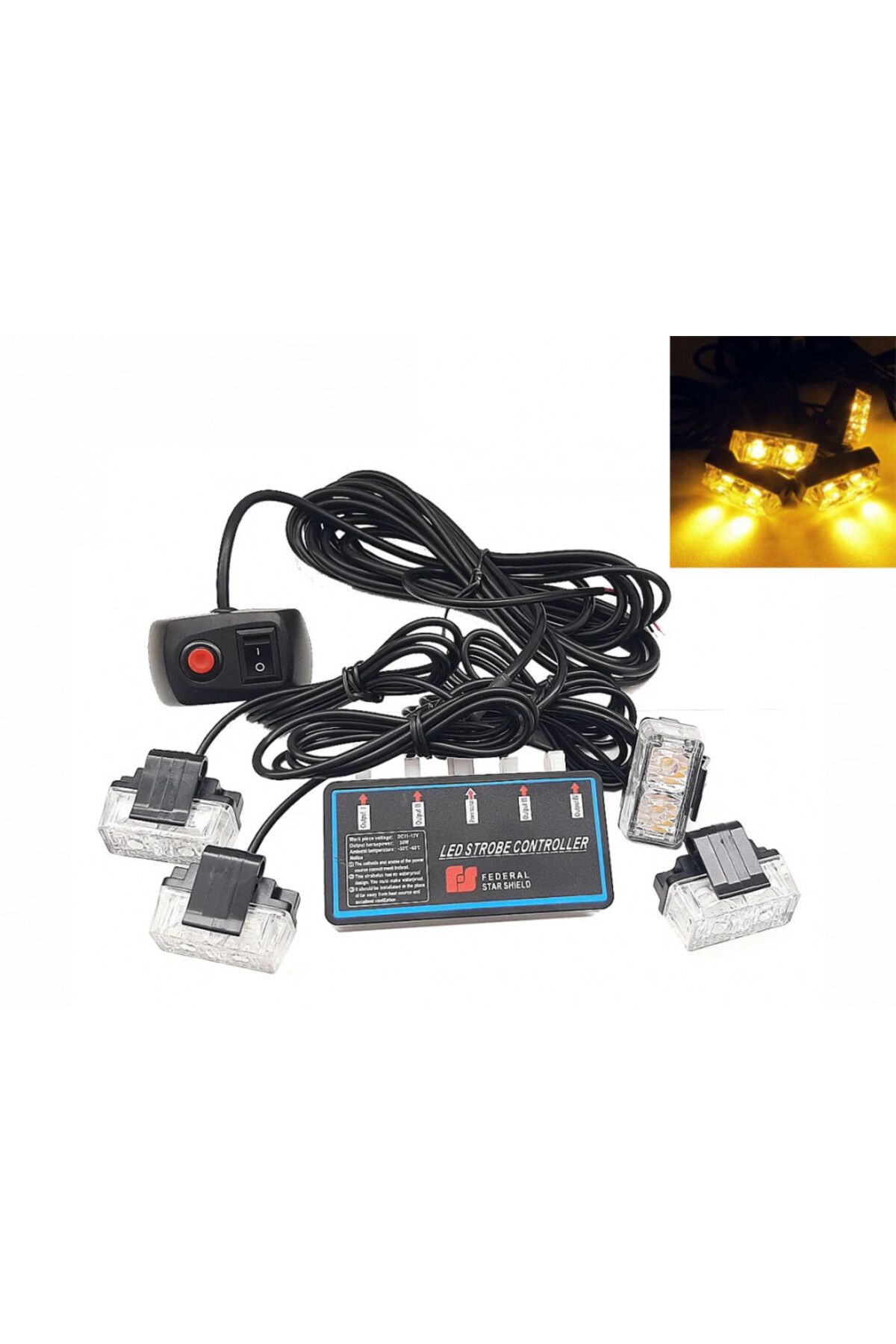 DELUXETUNING-Set 4 Lumini LED, 2 Led, Tip Stroboscop De Avertizare, Galben, Flash, cu Controler, 12V 3