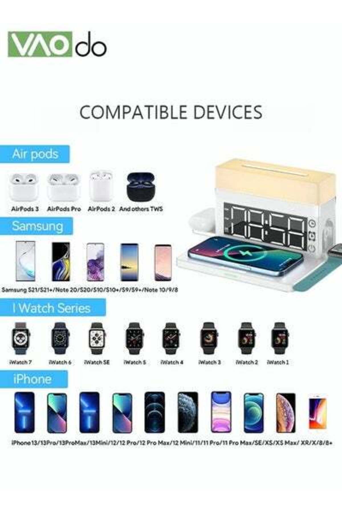 VAODO-6 In 1 Smart Alarm Clock White Multi-Function Wireless Charger Desktop Clock Night Light Table Lamp 5