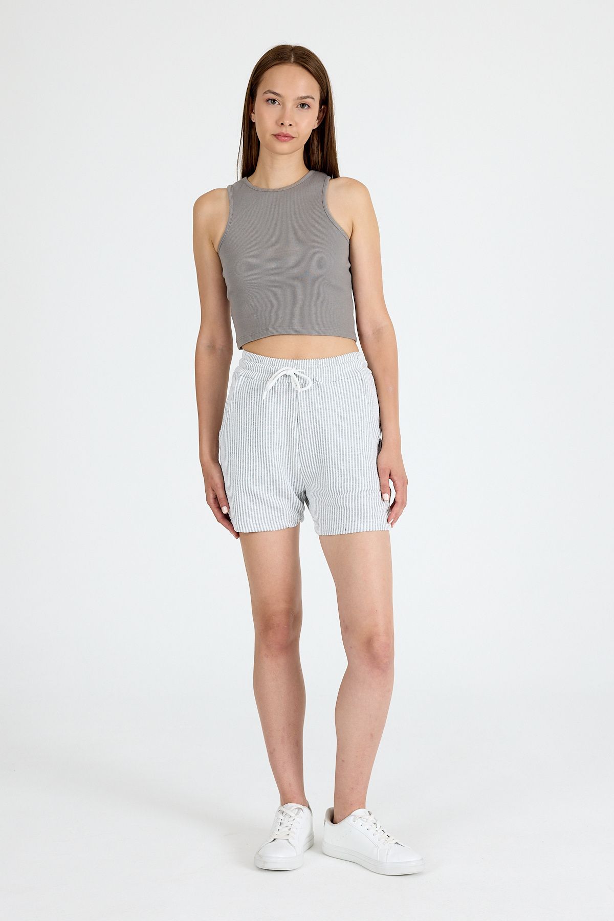 Rays-Pantaloni scurți gri cu talie elastică cu dungi 4094 6