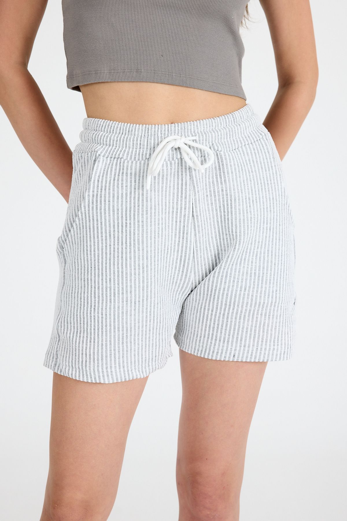 Rays-Pantaloni scurți gri cu talie elastică cu dungi 4094 4