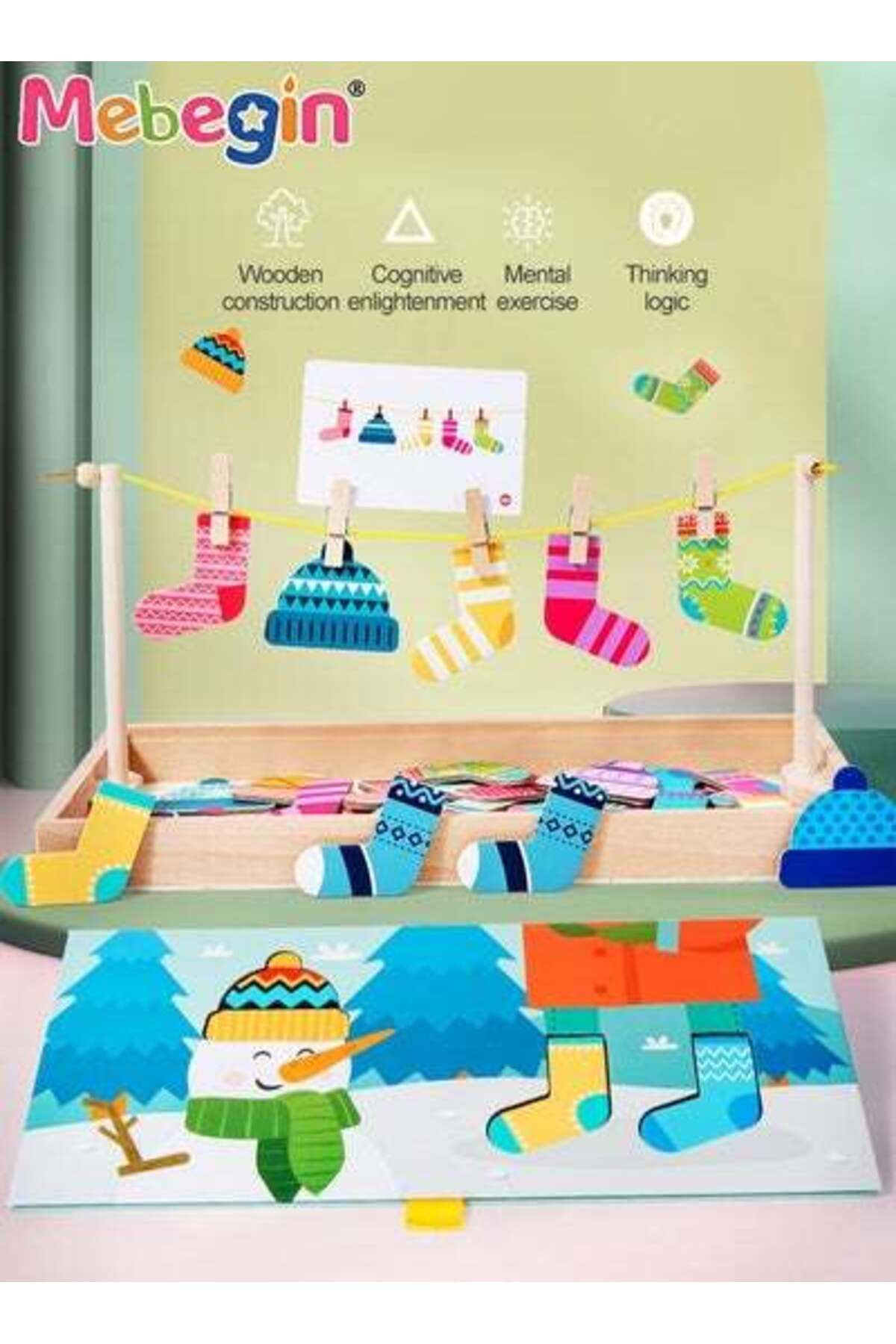 MEBEGIN-Funny Sock Drying Game Sock Pairing Toy Set Wooden Pairing Socks Puzzle with Storage Box & 20 Cards 3
