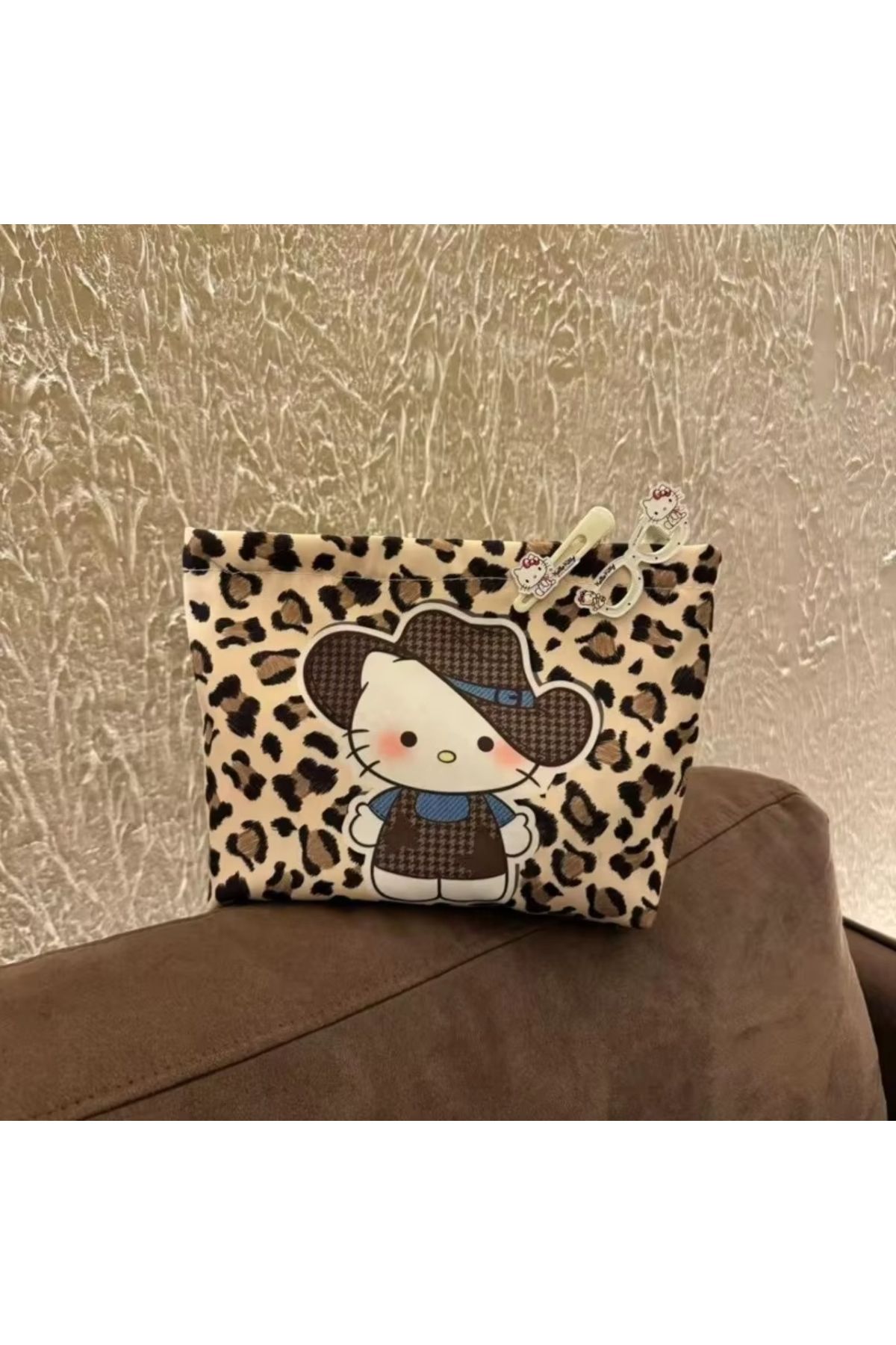 Miniso-brown New Sanrio Hello Kitty Bag Leopard Print Kitty Large Capacity Makeup Bag Portable Storage Bag 1