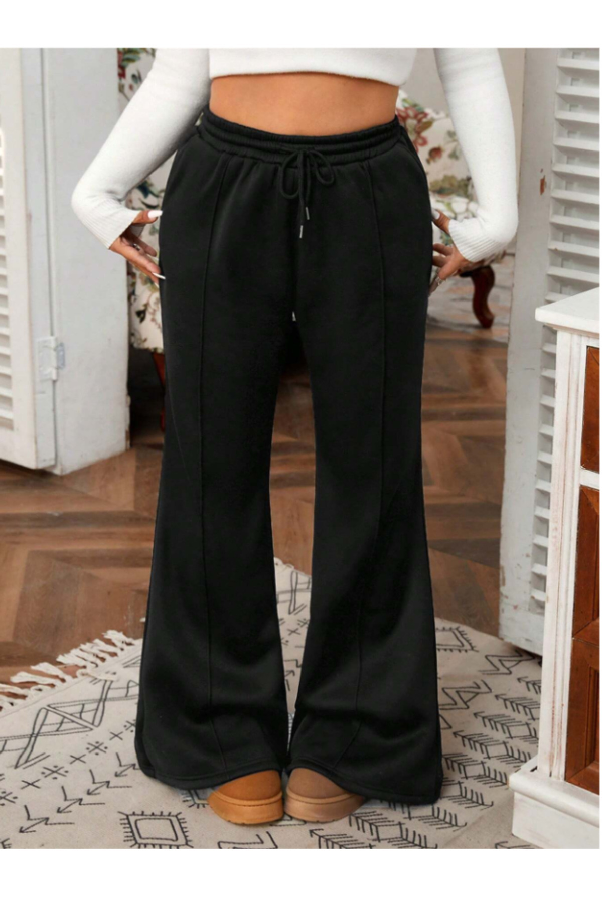 yx yustex sport Kadın Siyah Büyük Beden ÇIMALI Bol Kesim Pantolon ALTI Esnek Rahat Kumaş Eşofman Altı YUS