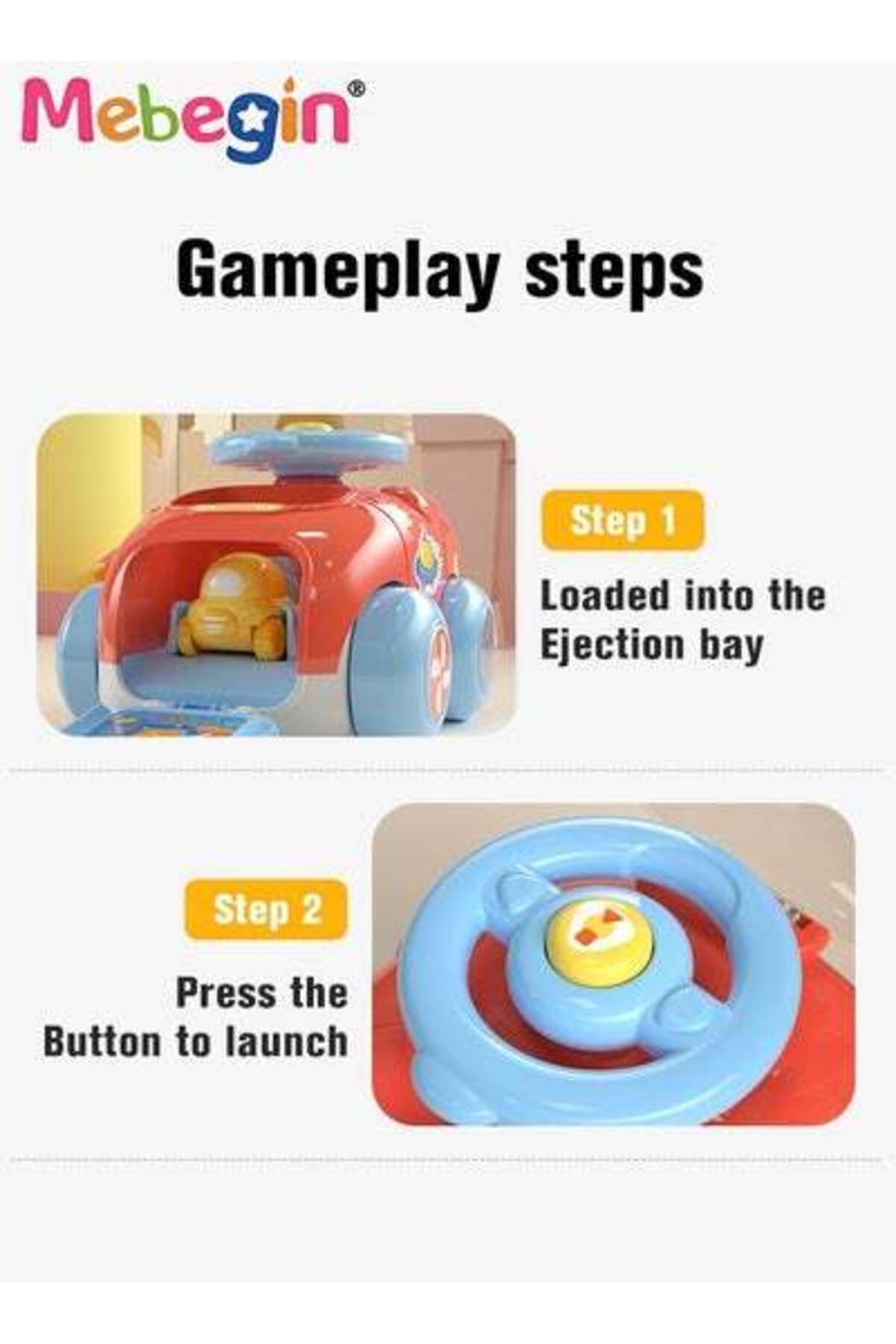 MEBEGIN-Kids Catapult Car, Catapult Trolley with Steering Wheel, Ejection Inertial Car Pull Back Toy 3