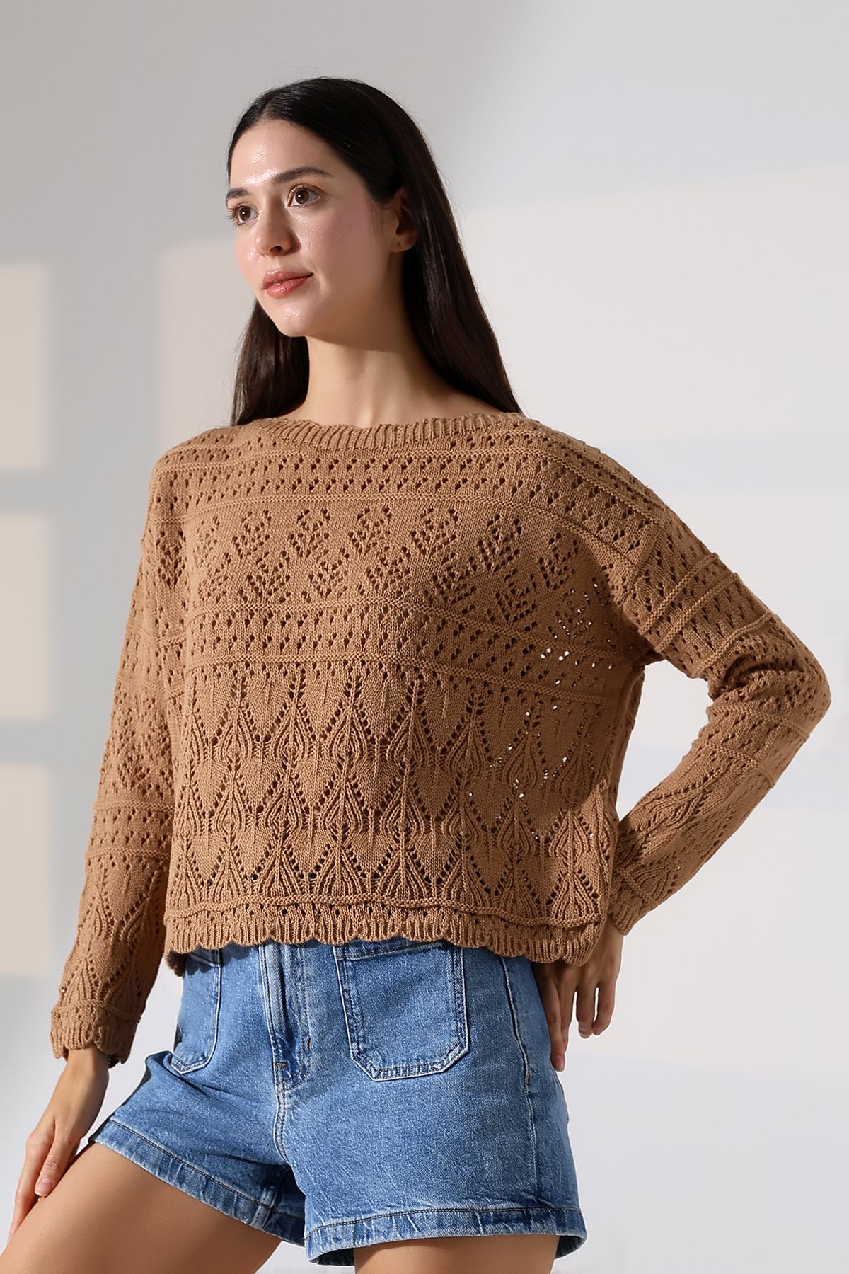 ALCHON-Kayak Wide Wave Collar Long Sleeve Openwork Hollowed Out Walked Flower Pattern Spring Knitwear Sweater 7