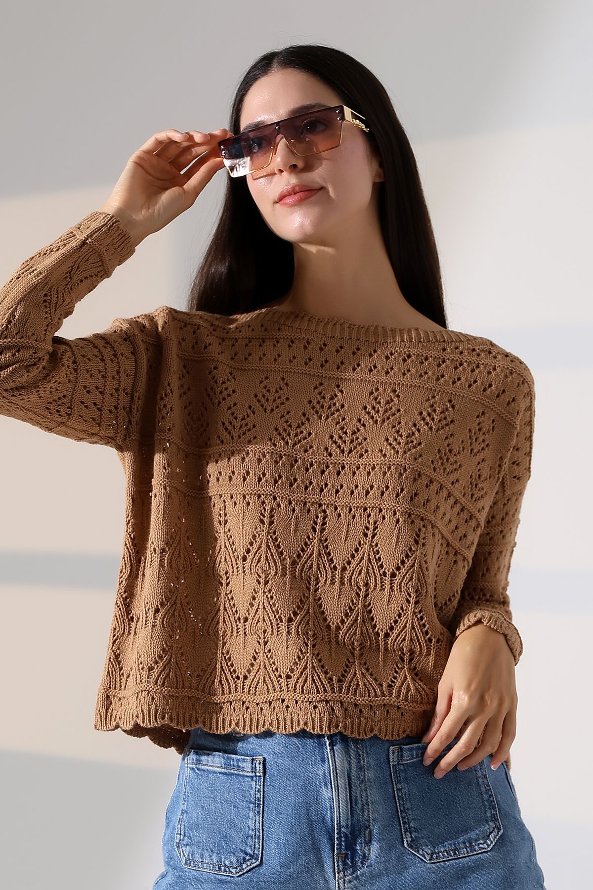 ALCHON-Kayak Wide Wave Collar Long Sleeve Openwork Hollowed Out Walked Flower Pattern Spring Knitwear Sweater 4