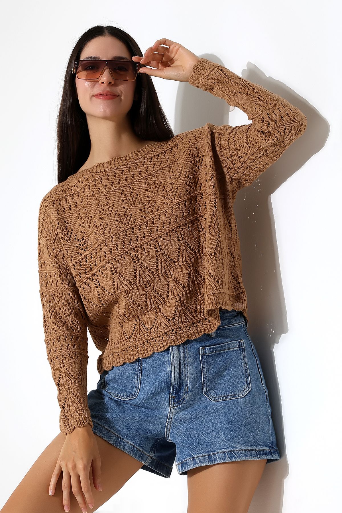 ALCHON-Kayak Wide Wave Collar Long Sleeve Openwork Hollowed Out Walked Flower Pattern Spring Knitwear Sweater 6