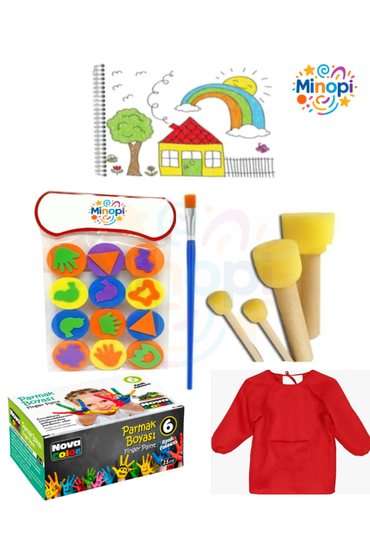 Minopi Parmak Boyama Seti , Resim Defteri, Boya, Eva Sünger, Fırça , Boyama Önlüğü , Resim Fırçası