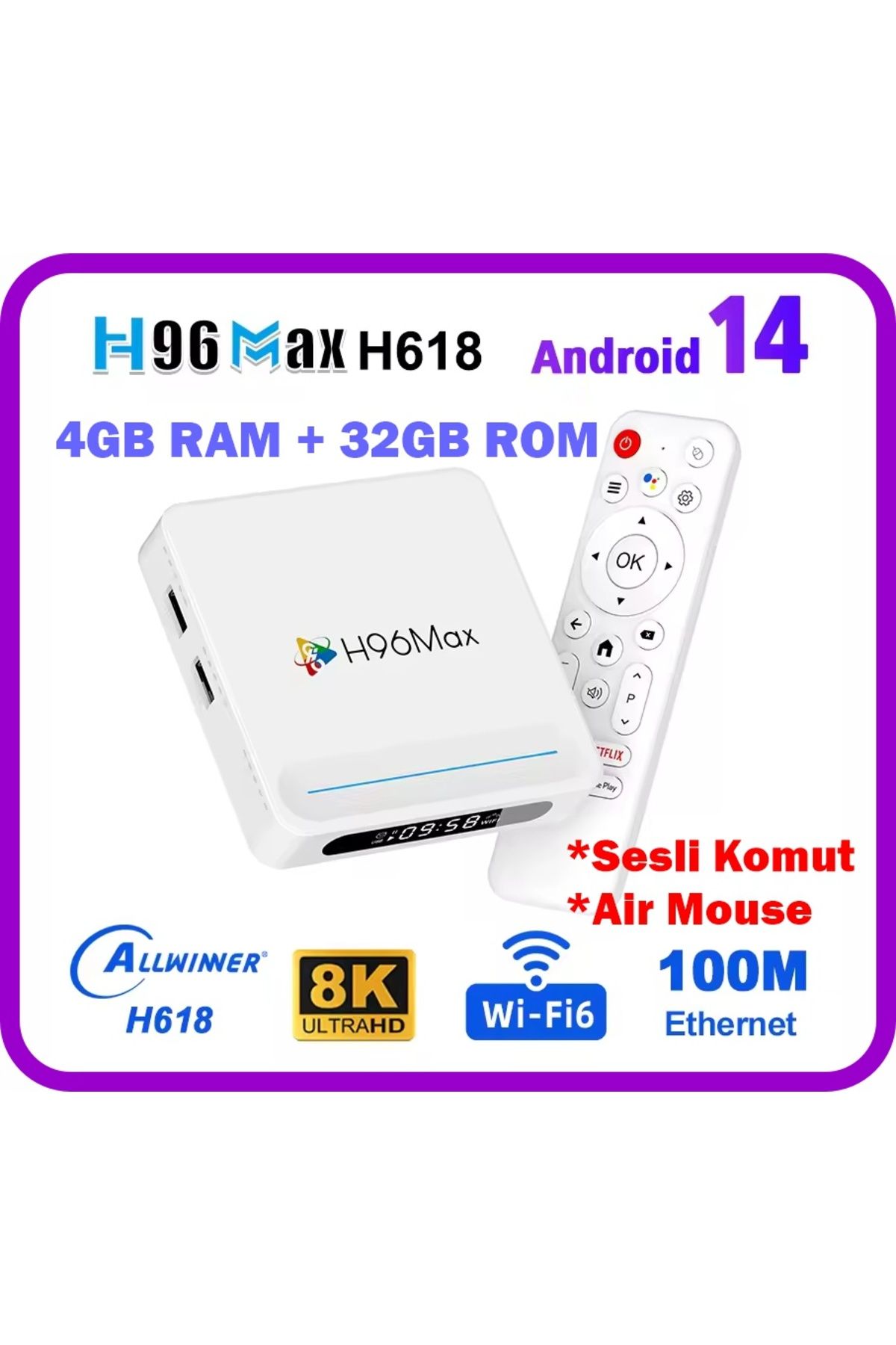 h96max-H618 Plus 8K Android 14.0 Tv Box 4Gb+32Gb Media Player Air Mouse Wifi6 Bt 5.4 Ethernet Voice Command 1