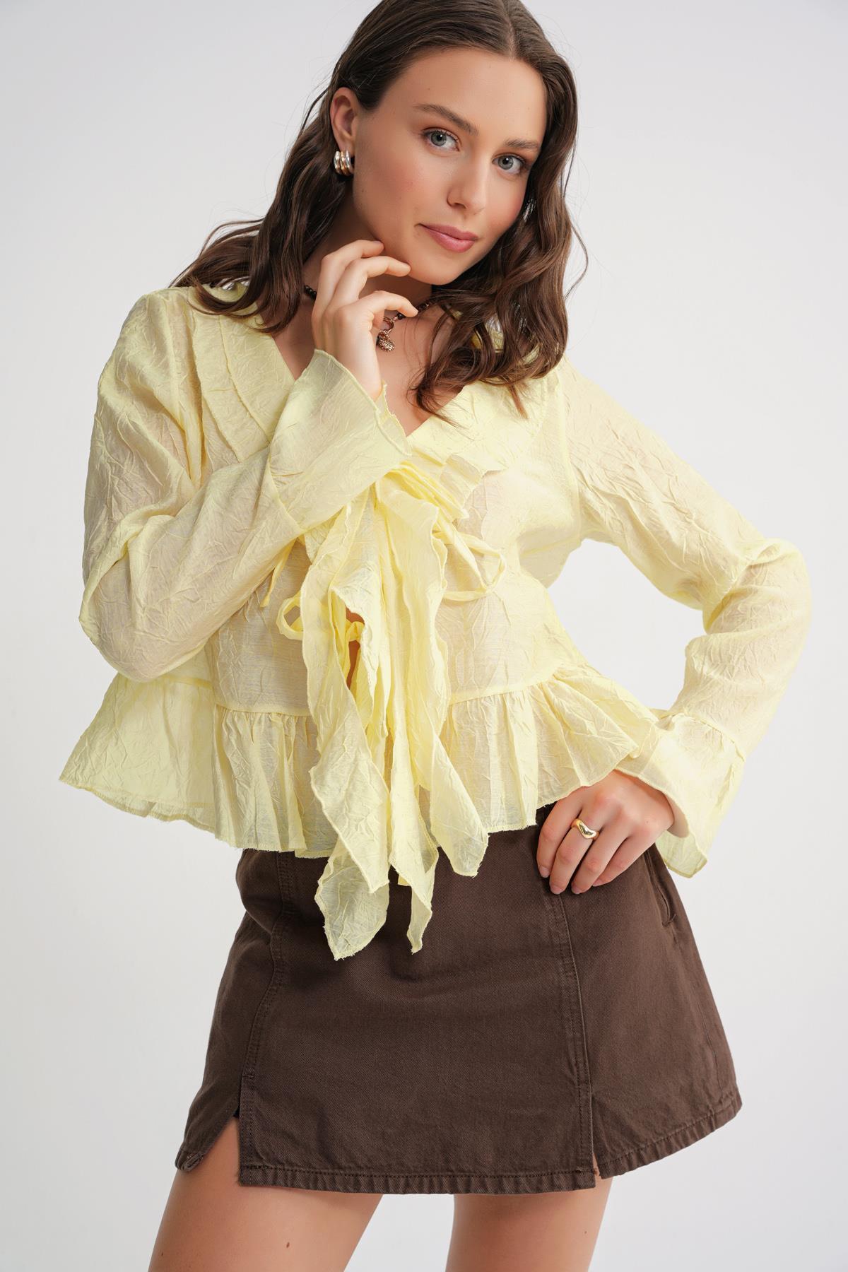 Mixray  4727 Kadın Yakası Fırfırlı Kraşlı Bluz Sarı - Görsel 5