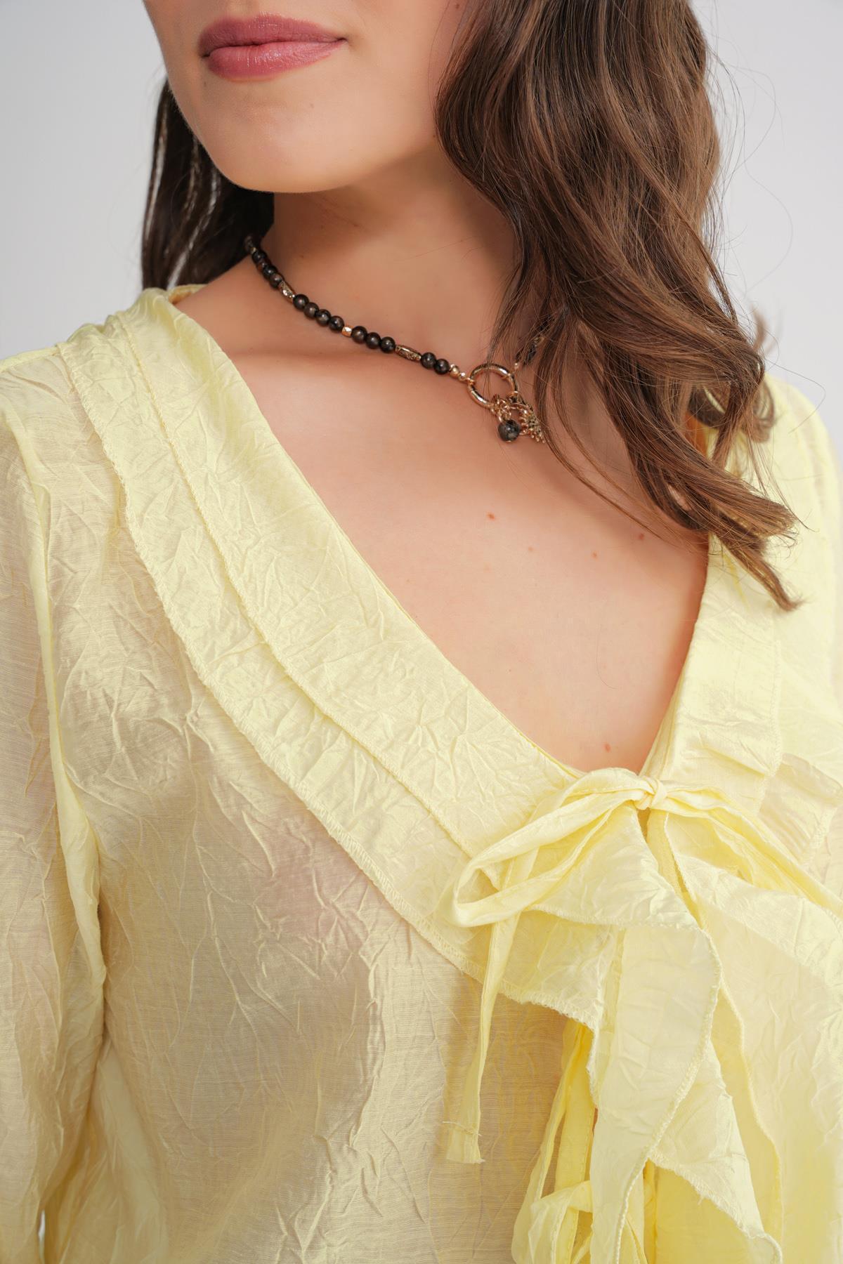 Mixray  4727 Kadın Yakası Fırfırlı Kraşlı Bluz Sarı - Görsel 6