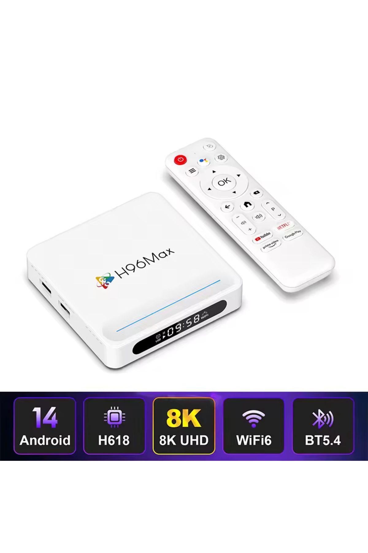 h96max-H618 Plus 8K Android 14.0 Tv Box 4Gb+32Gb Media Player Air Mouse Wifi6 Bt 5.4 Ethernet Voice Command 3