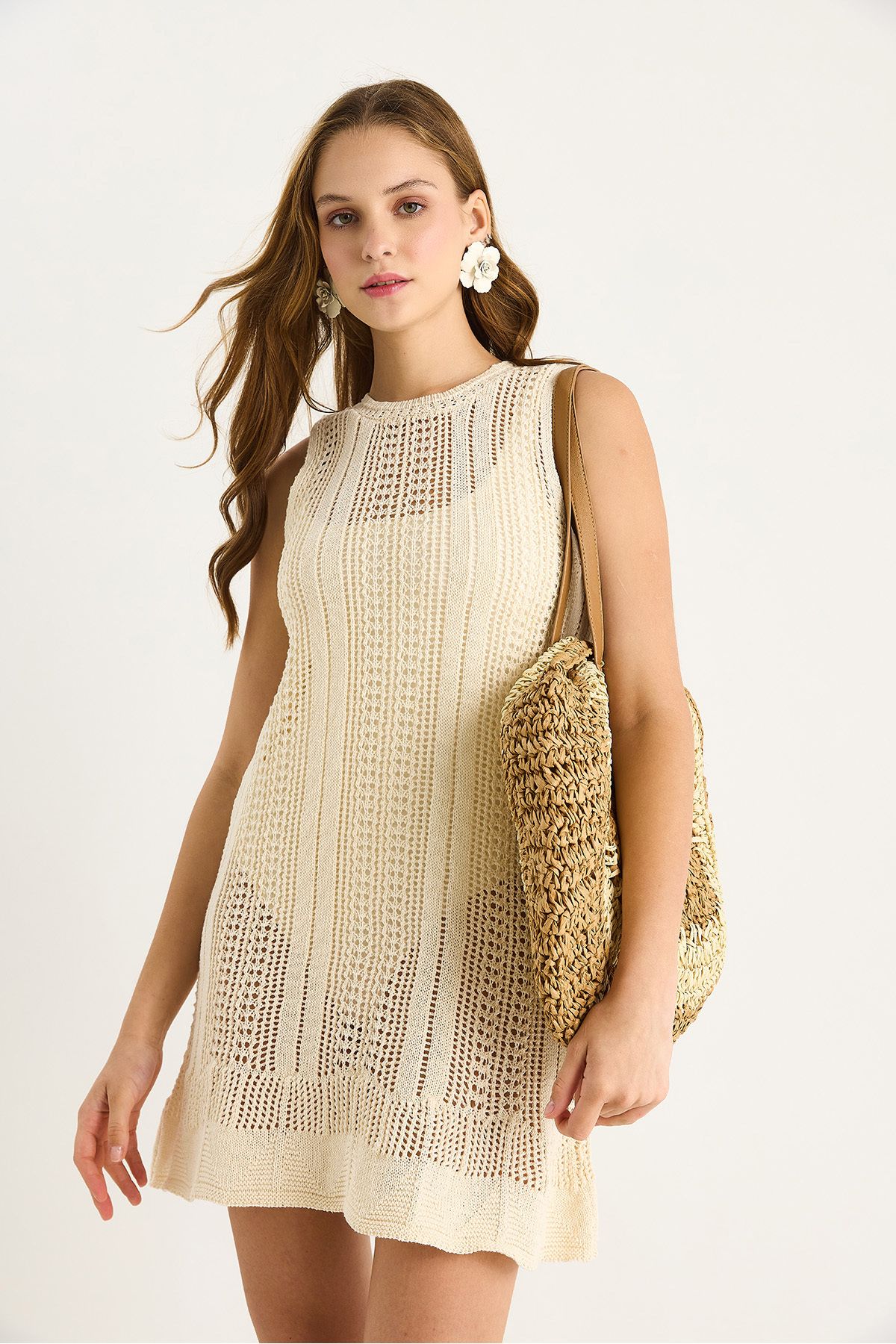 Bianco Lucci-Women's Mini Crochet Knitwear Dress 20251046 4